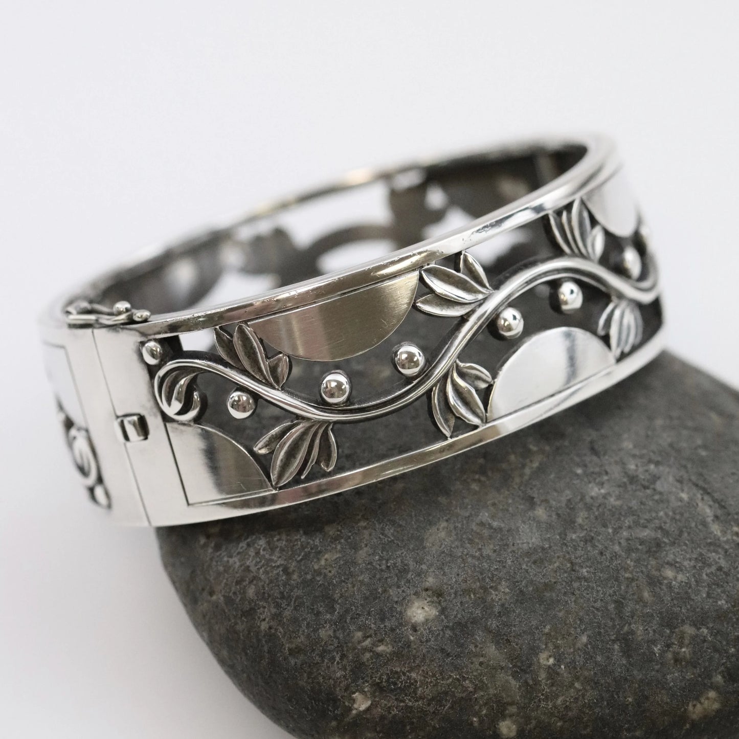 Vintage Georg Jensen Jewelry | Harald Nielsen Vine and Berry Hinged Bangle 66 - Carmel Fine Silver Jewelry