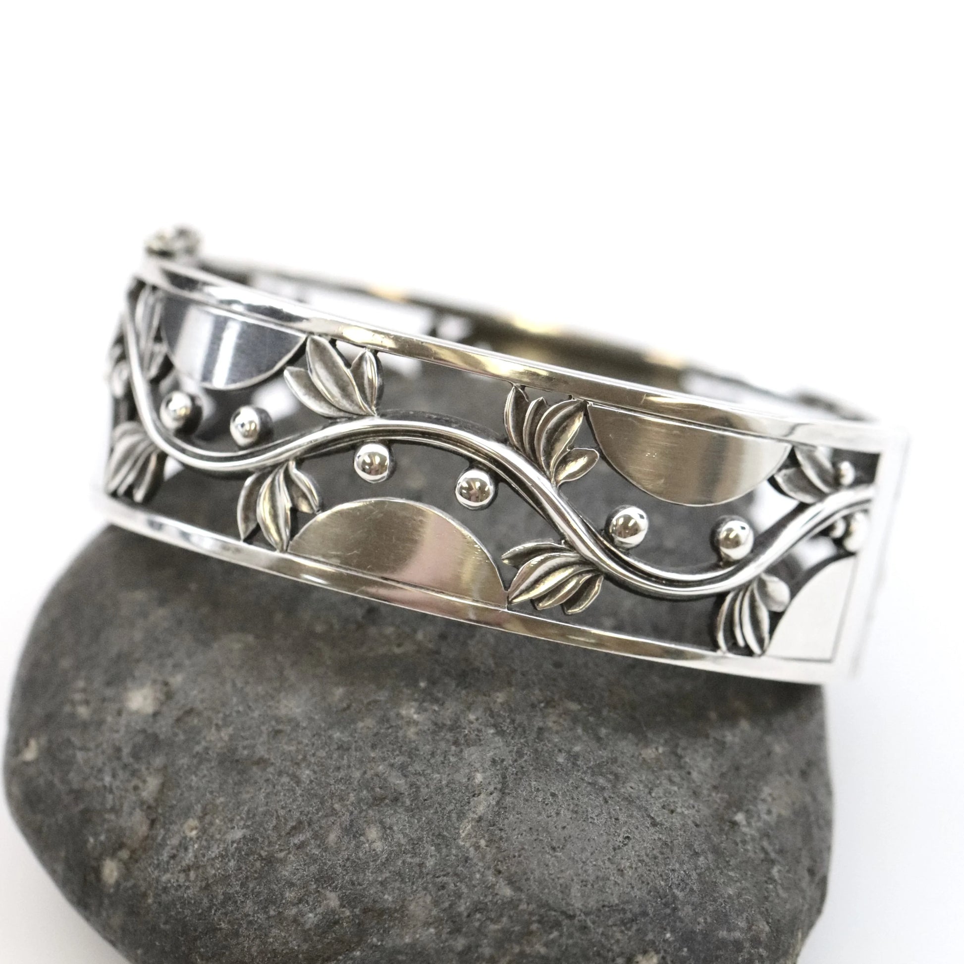 Vintage Georg Jensen Jewelry | Harald Nielsen Vine and Berry Hinged Bangle 66 - Carmel Fine Silver Jewelry