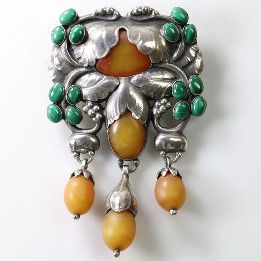 Vintage Georg Jensen Jewelry | Rare Amber and Malachite Master Brooch 96 - Carmel Fine Silver Jewelry
