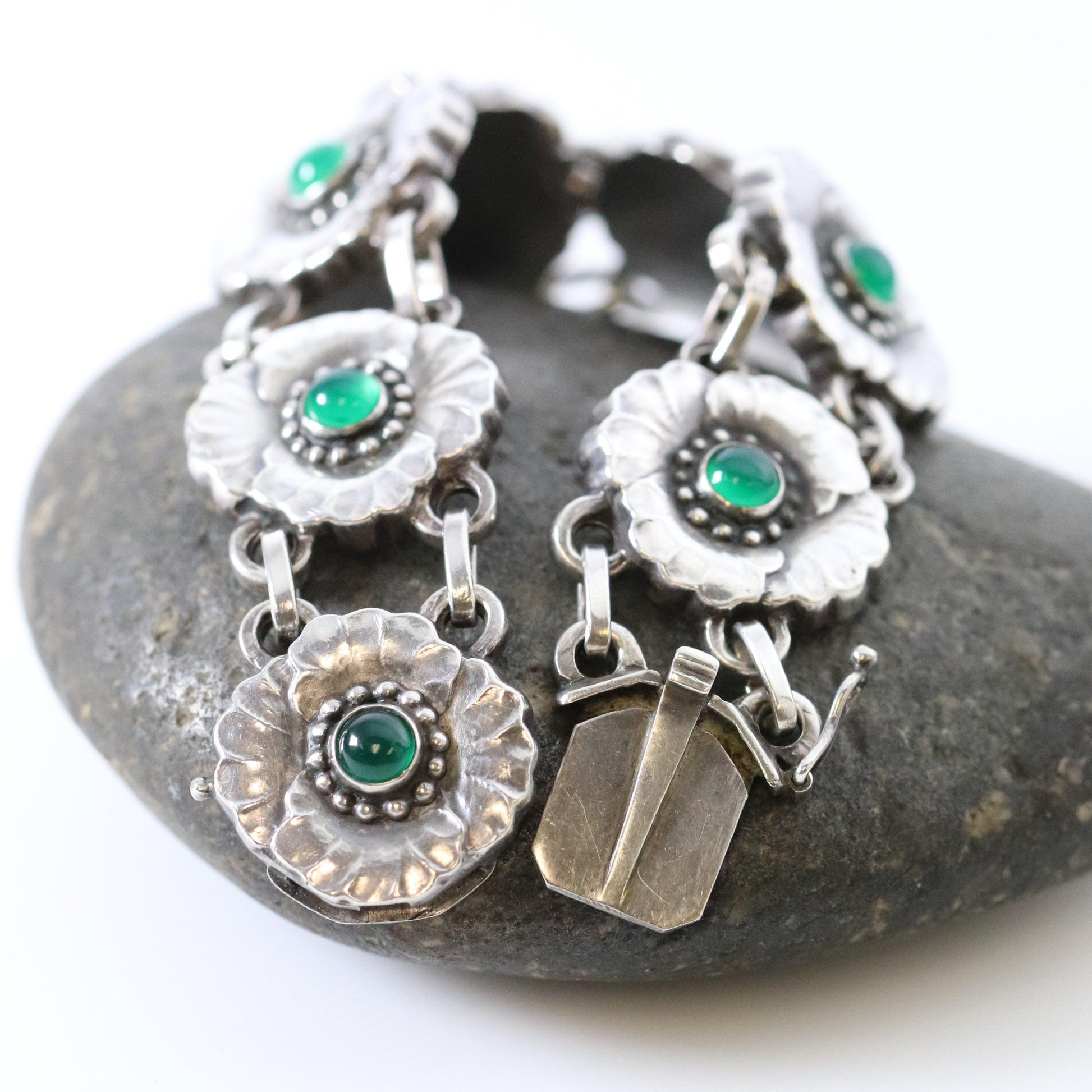 Vintage Georg Jensen Jewelry | Rare Art Nouveau Chrysoprase Floral Bracelet 36 - Carmel Fine Silver Jewelry