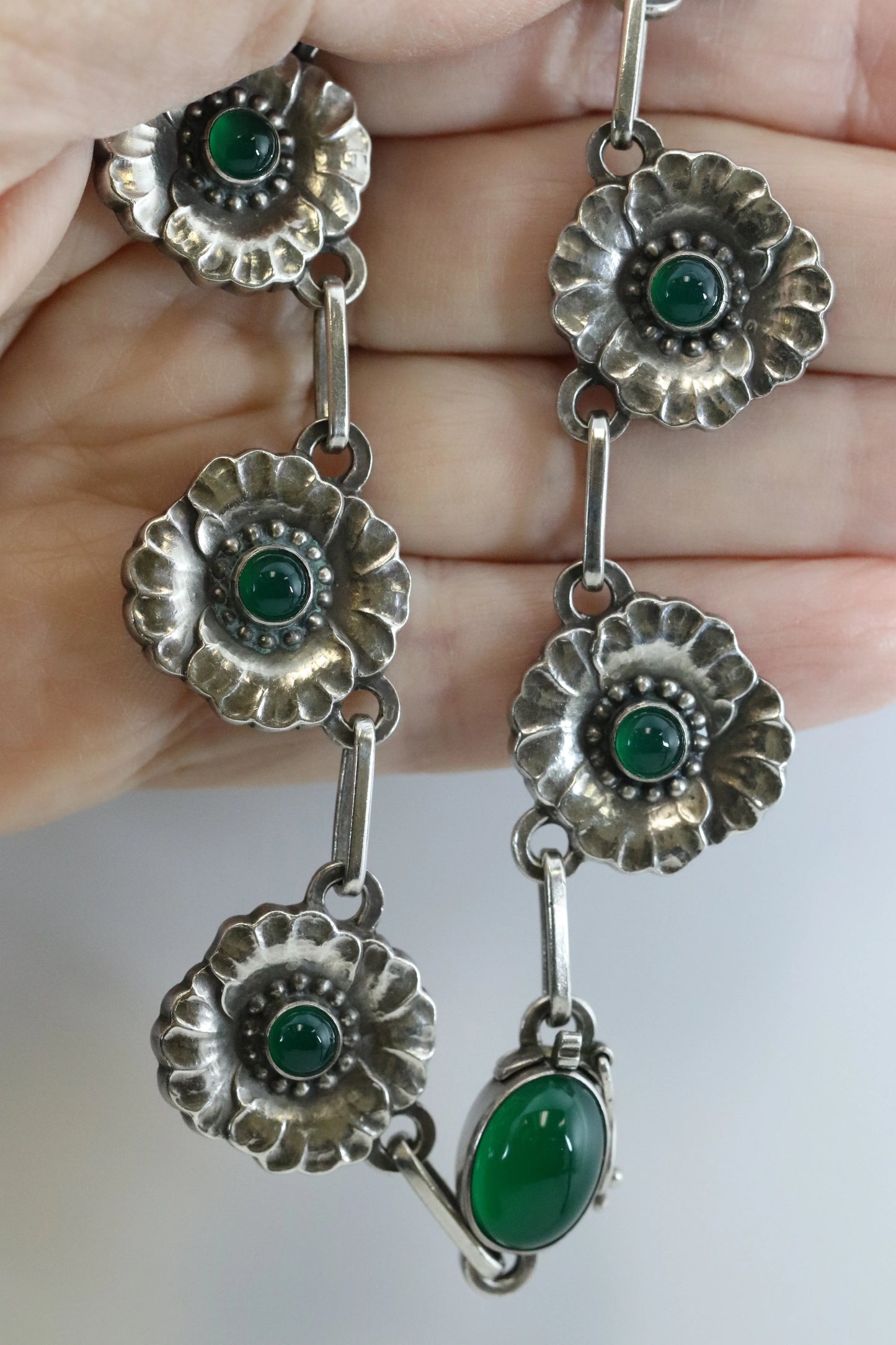 Vintage Georg Jensen Jewelry | Rare Chrysoprase Floral Link Necklace 30A - Carmel Fine Silver Jewelry