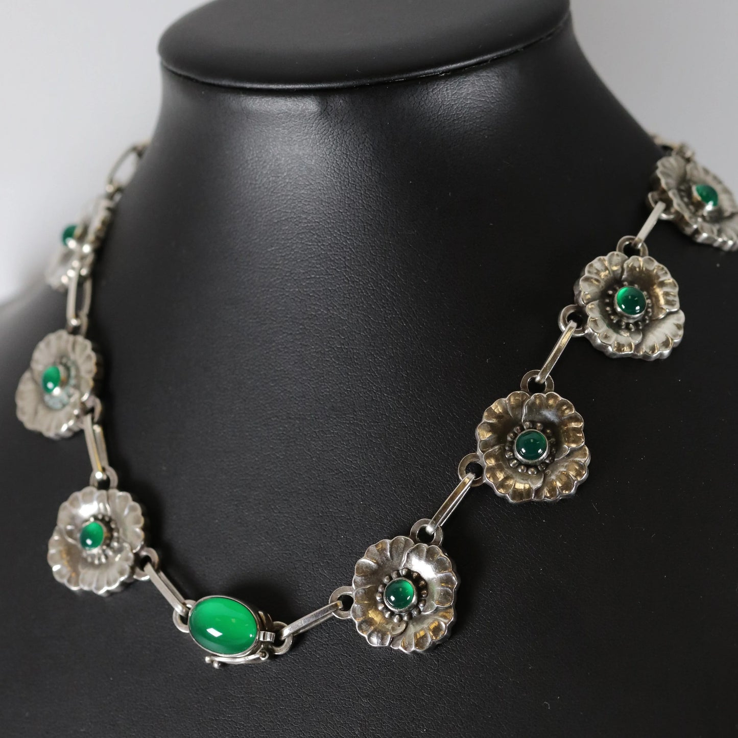 Vintage Georg Jensen Jewelry | Rare Chrysoprase Floral Link Necklace 30A - Carmel Fine Silver Jewelry