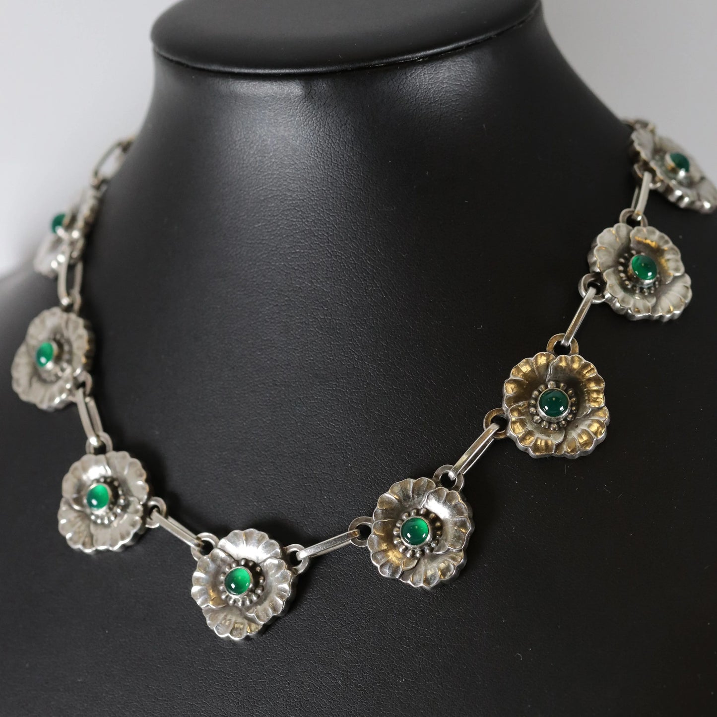 Vintage Georg Jensen Jewelry | Rare Chrysoprase Floral Link Necklace 30A - Carmel Fine Silver Jewelry