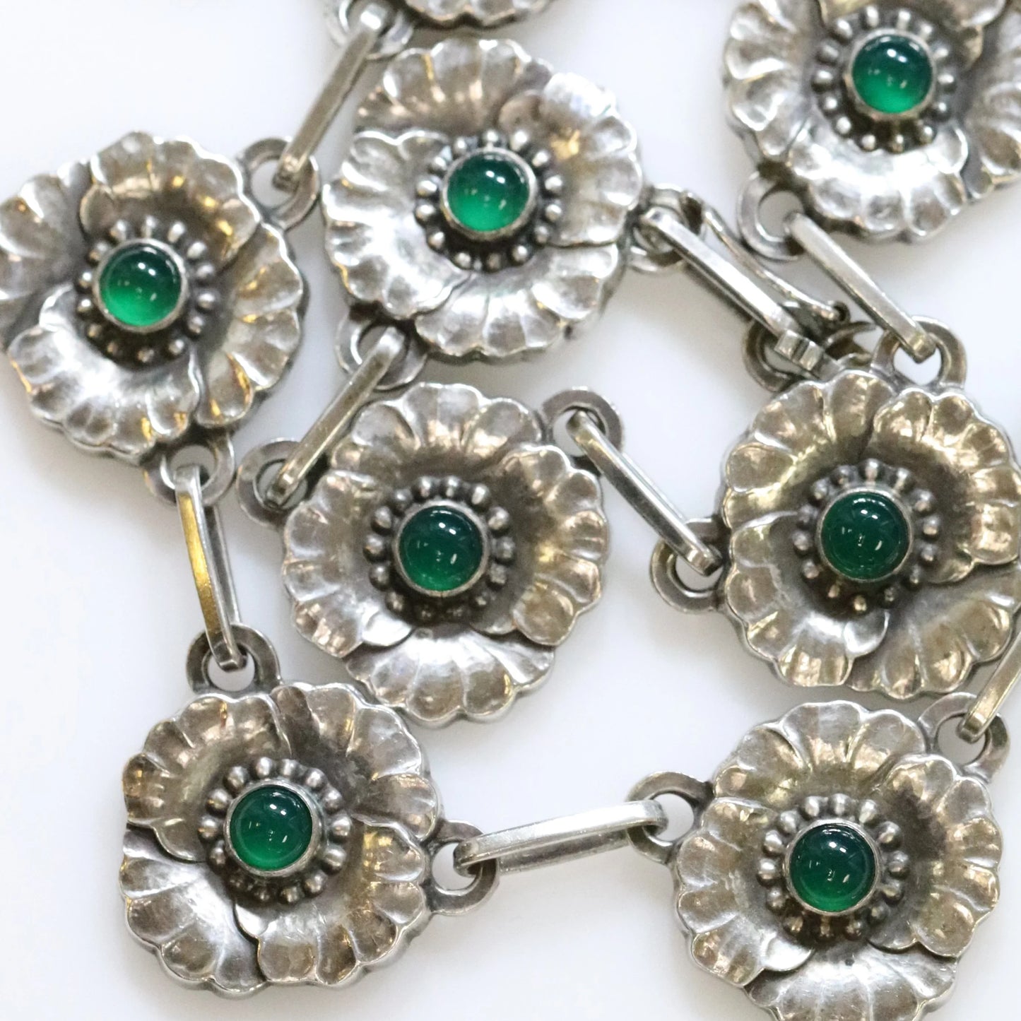 Vintage Georg Jensen Jewelry | Rare Chrysoprase Floral Link Necklace 30A - Carmel Fine Silver Jewelry