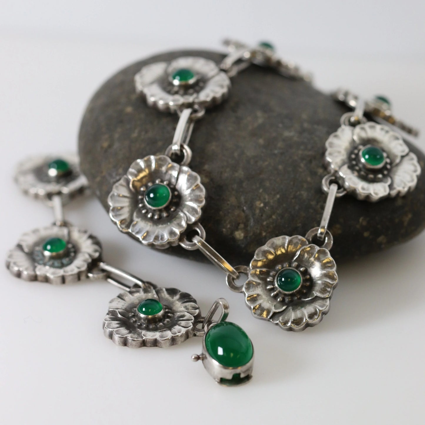 Vintage Georg Jensen Jewelry | Rare Chrysoprase Floral Link Necklace 30A - Carmel Fine Silver Jewelry