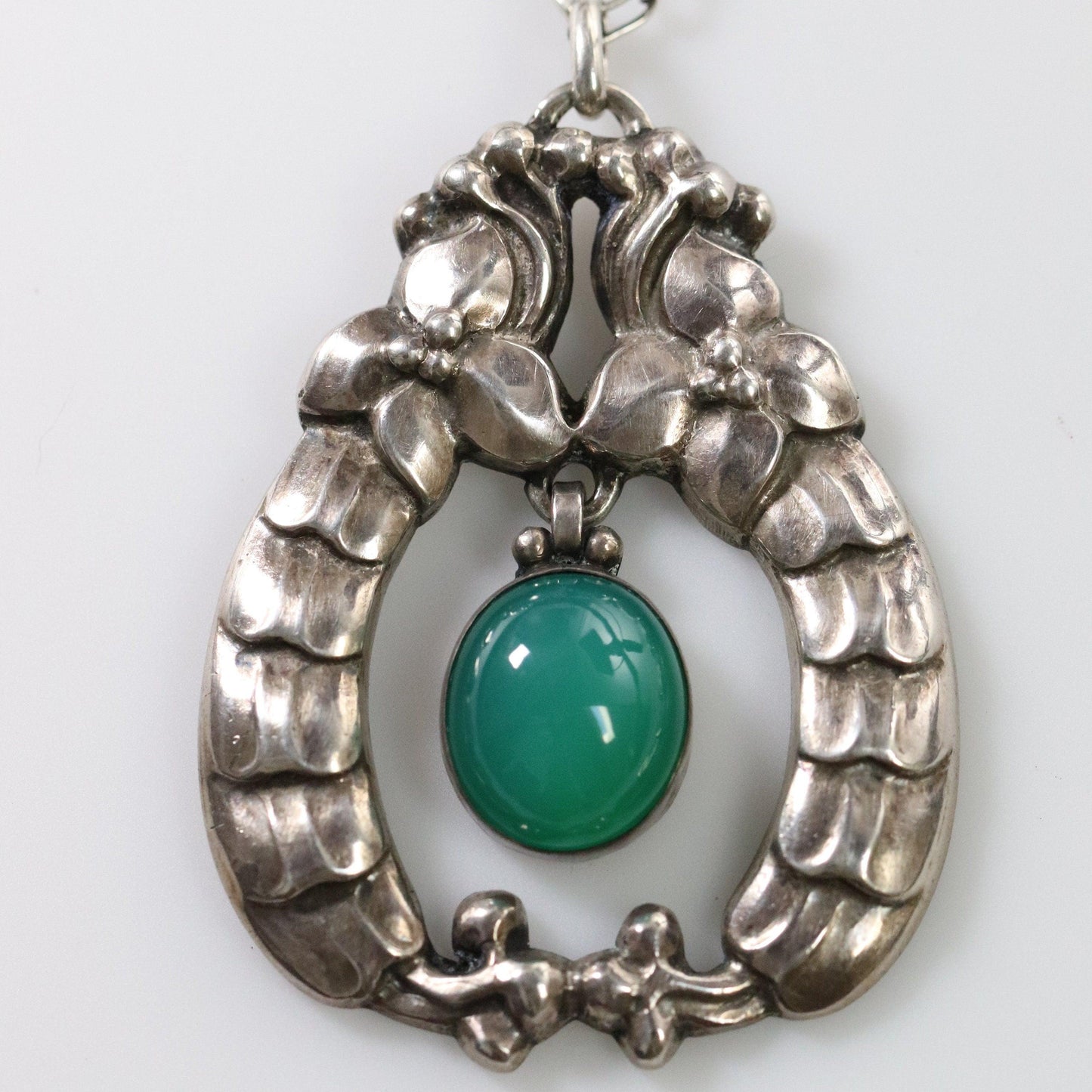 Vintage Georg Jensen Jewelry | Rare Early Green Agate Pendant Necklace 14 - Carmel Fine Silver Jewelry