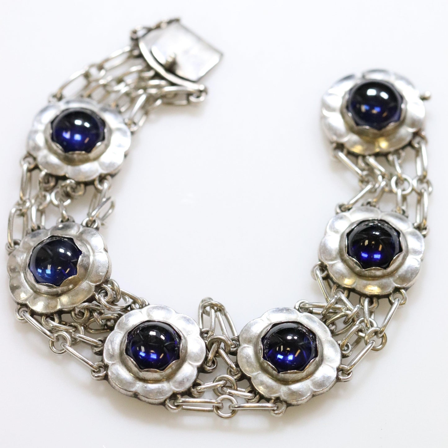 Vintage Georg Jensen Jewelry | Rare Synthetic Sapphire Floral Link Bracelet 31 - Carmel Fine Silver Jewelry
