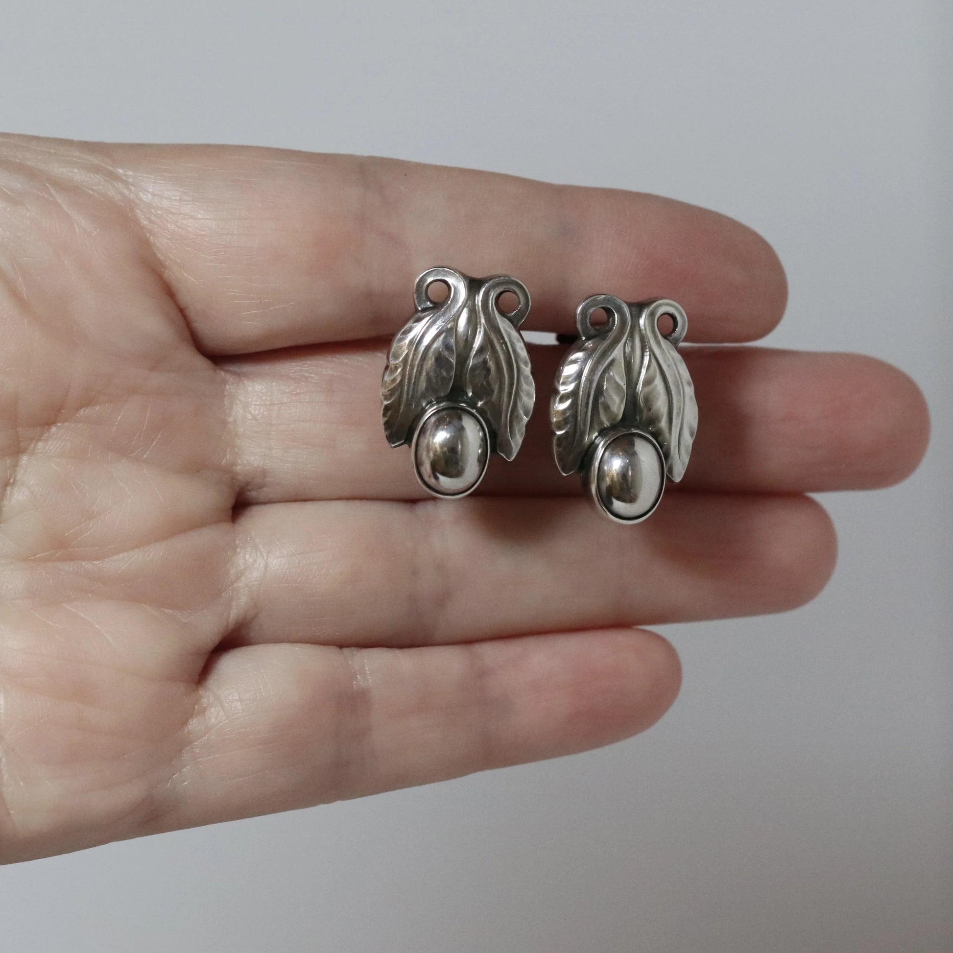Vintage Georg Jensen Jewelry SOLD OUT: Georg Jensen Floral Cabochon Earrings 108 Denmark - Carmel Fine Silver Jewelry