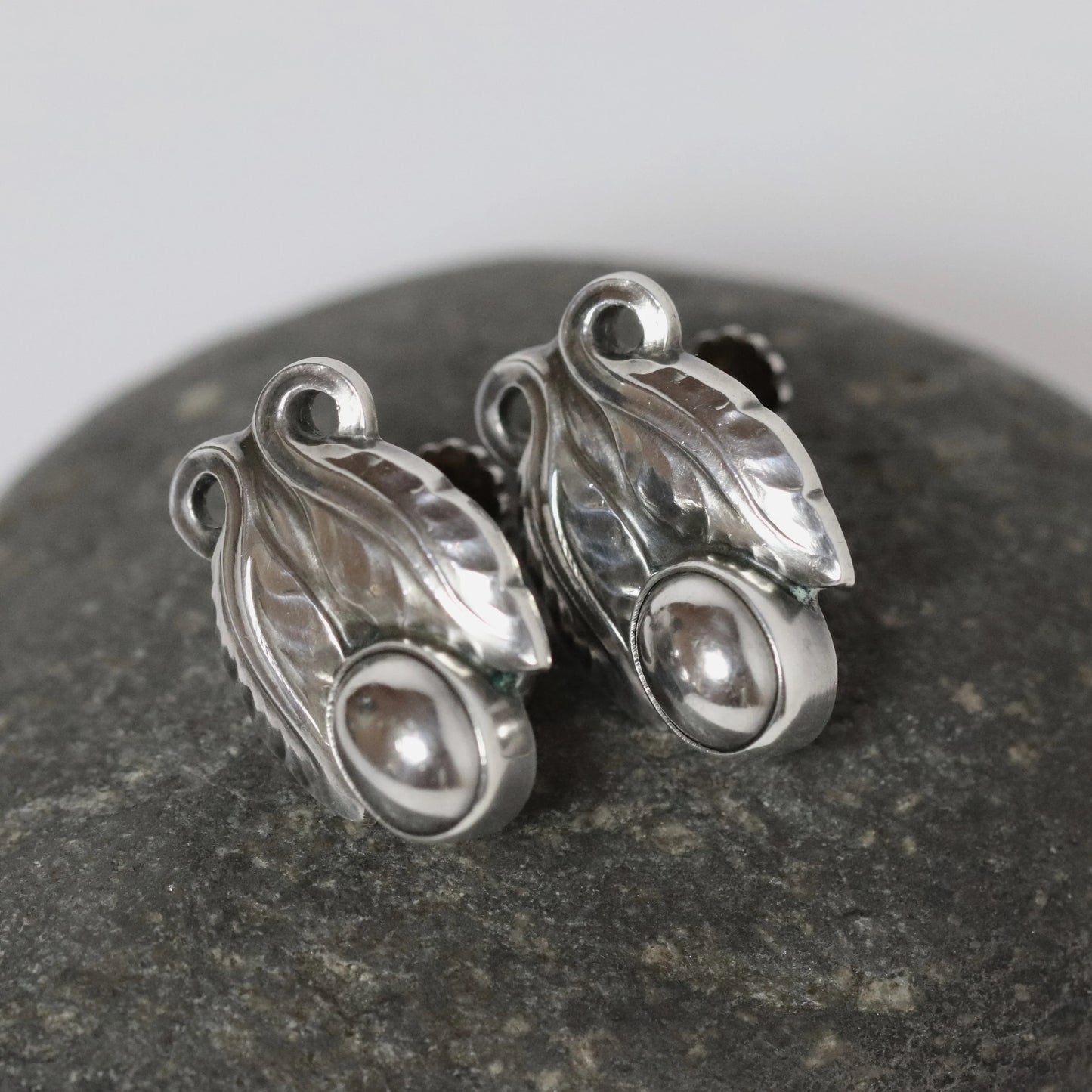 Vintage Georg Jensen Jewelry SOLD OUT: Georg Jensen Floral Cabochon Earrings 108 Denmark - Carmel Fine Silver Jewelry