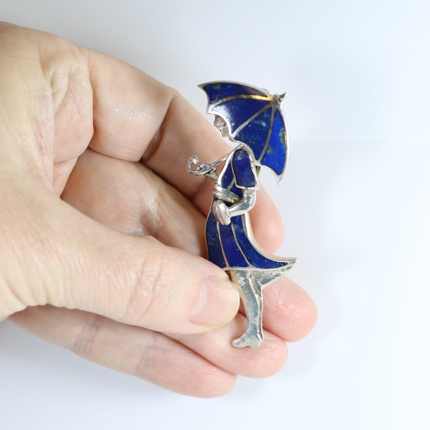 Vintage Handcrafted Silver Jewelry | Art Deco Girl and Umbrella Lapis Lazuli Brooch - Carmel Fine Silver Jewelry