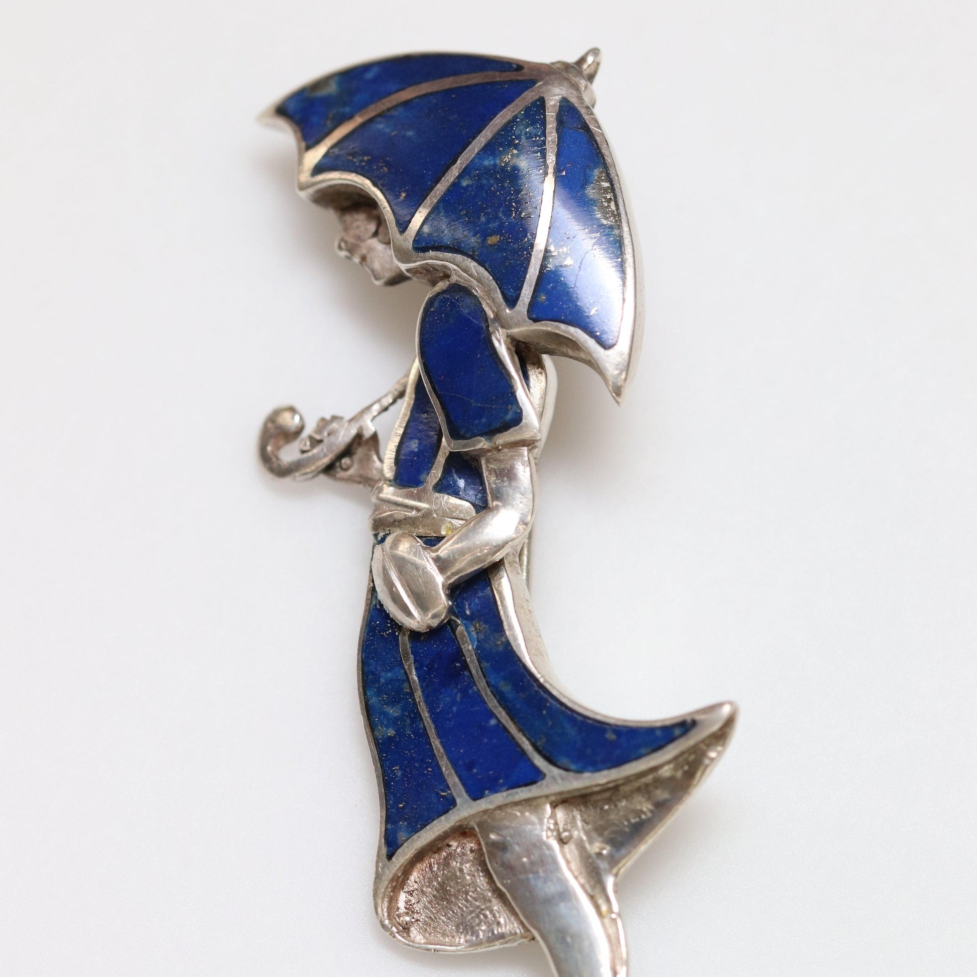 Vintage Handcrafted Silver Jewelry | Art Deco Girl and Umbrella Lapis Lazuli Brooch - Carmel Fine Silver Jewelry