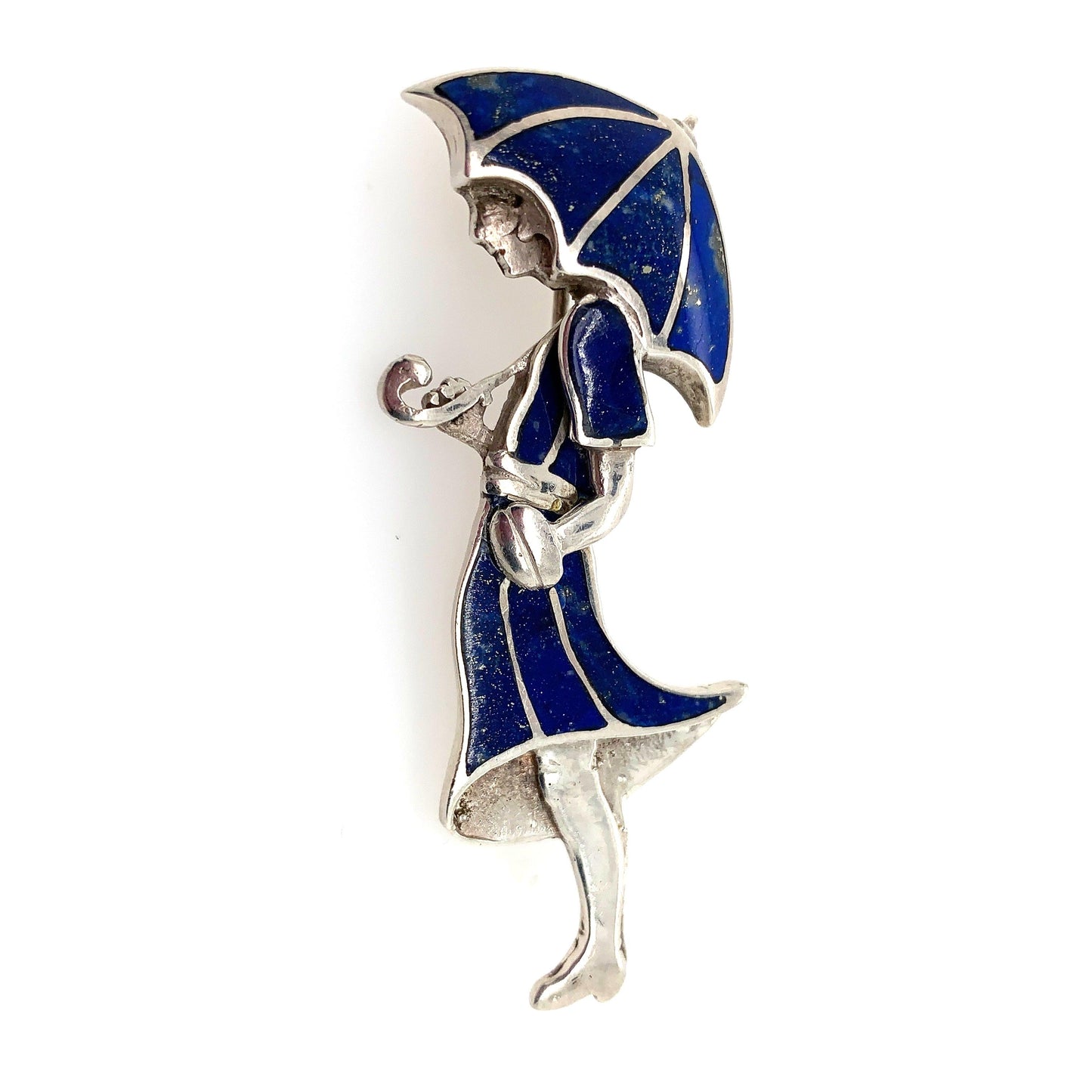 Vintage Handcrafted Silver Jewelry | Art Deco Girl and Umbrella Lapis Lazuli Brooch - Carmel Fine Silver Jewelry