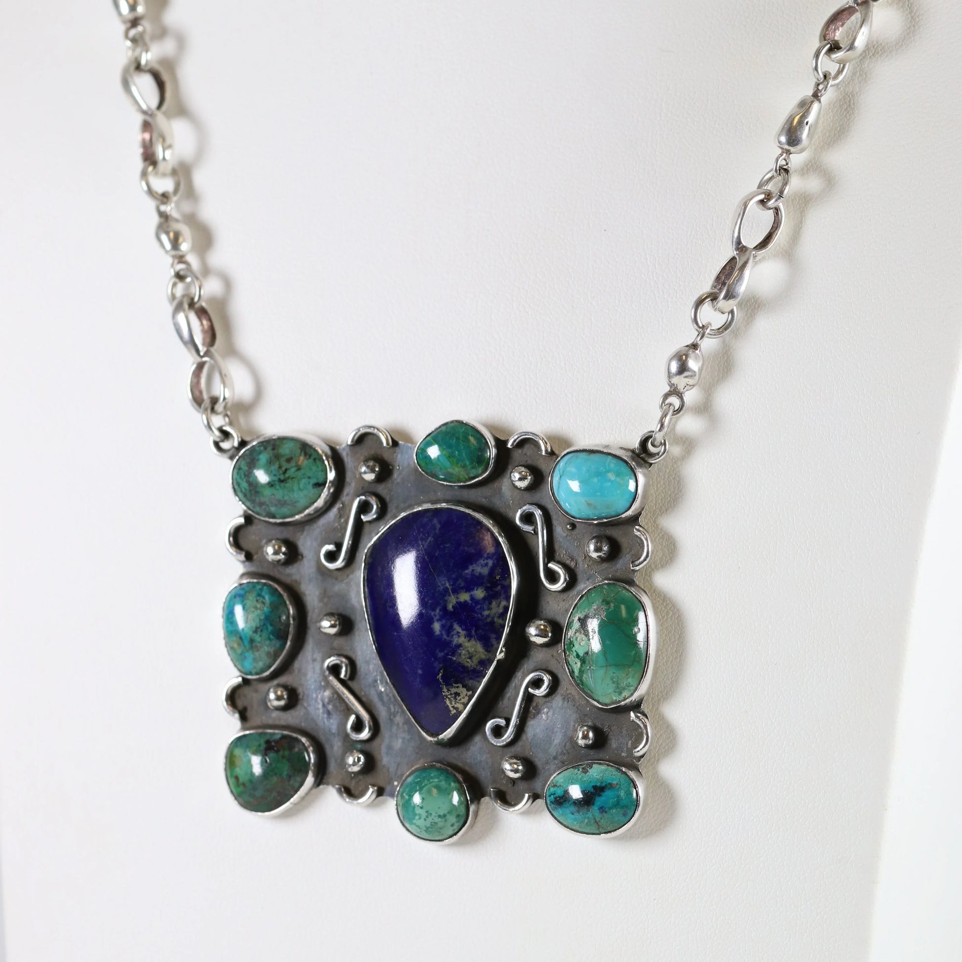 Vintage Handcrafted Silver Jewelry | Artisan Turquoise and Lapis Statement Necklace - Carmel Fine Silver Jewelry