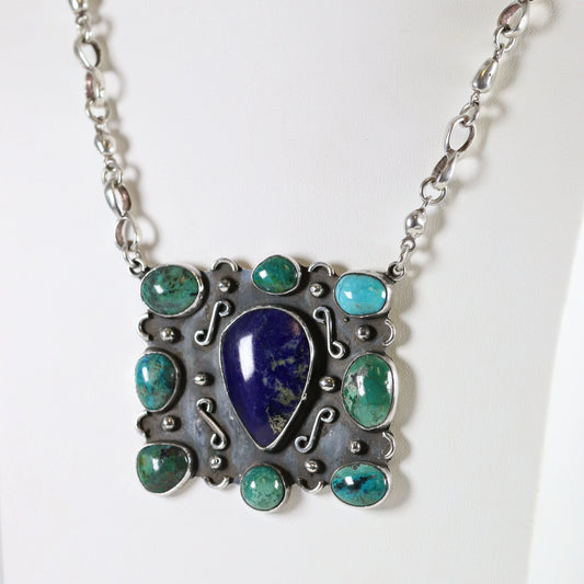Vintage Handcrafted Silver Jewelry | Artisan Turquoise and Lapis Statement Necklace - Carmel Fine Silver Jewelry