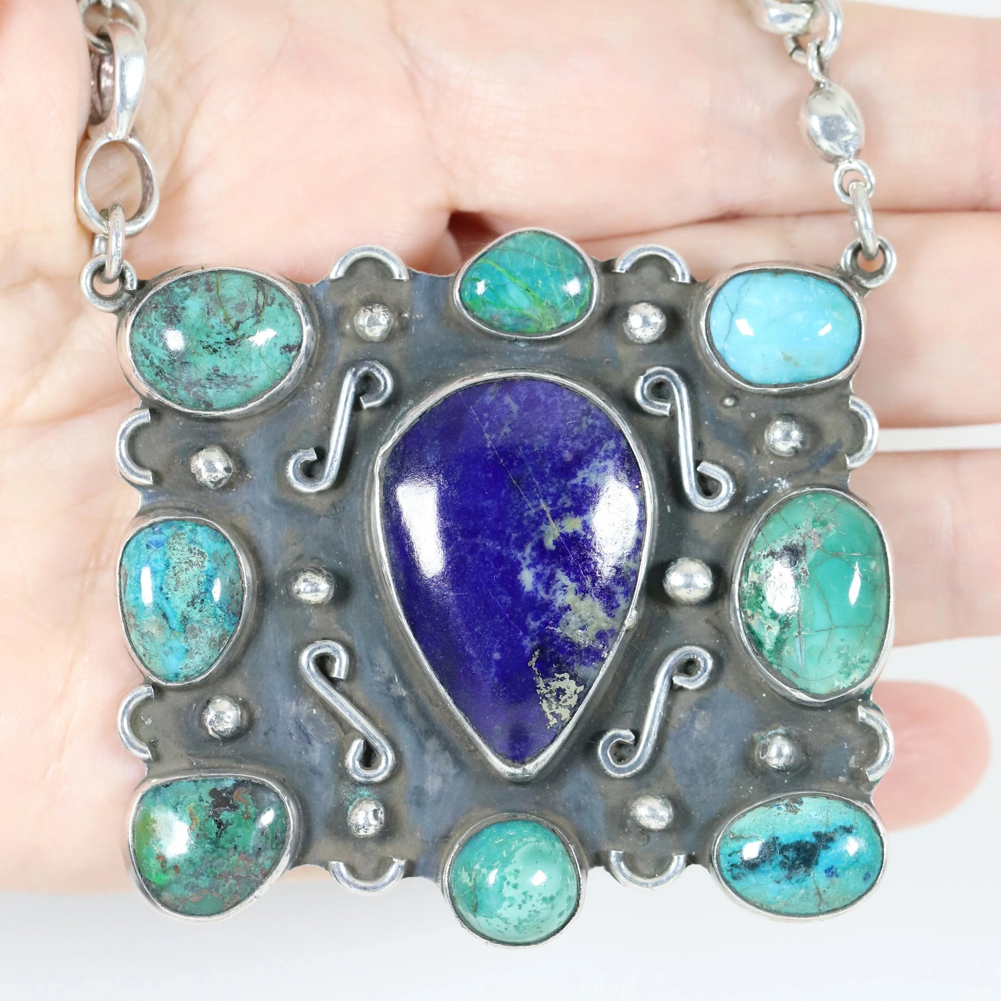 Vintage Handcrafted Silver Jewelry | Artisan Turquoise and Lapis Statement Necklace - Carmel Fine Silver Jewelry