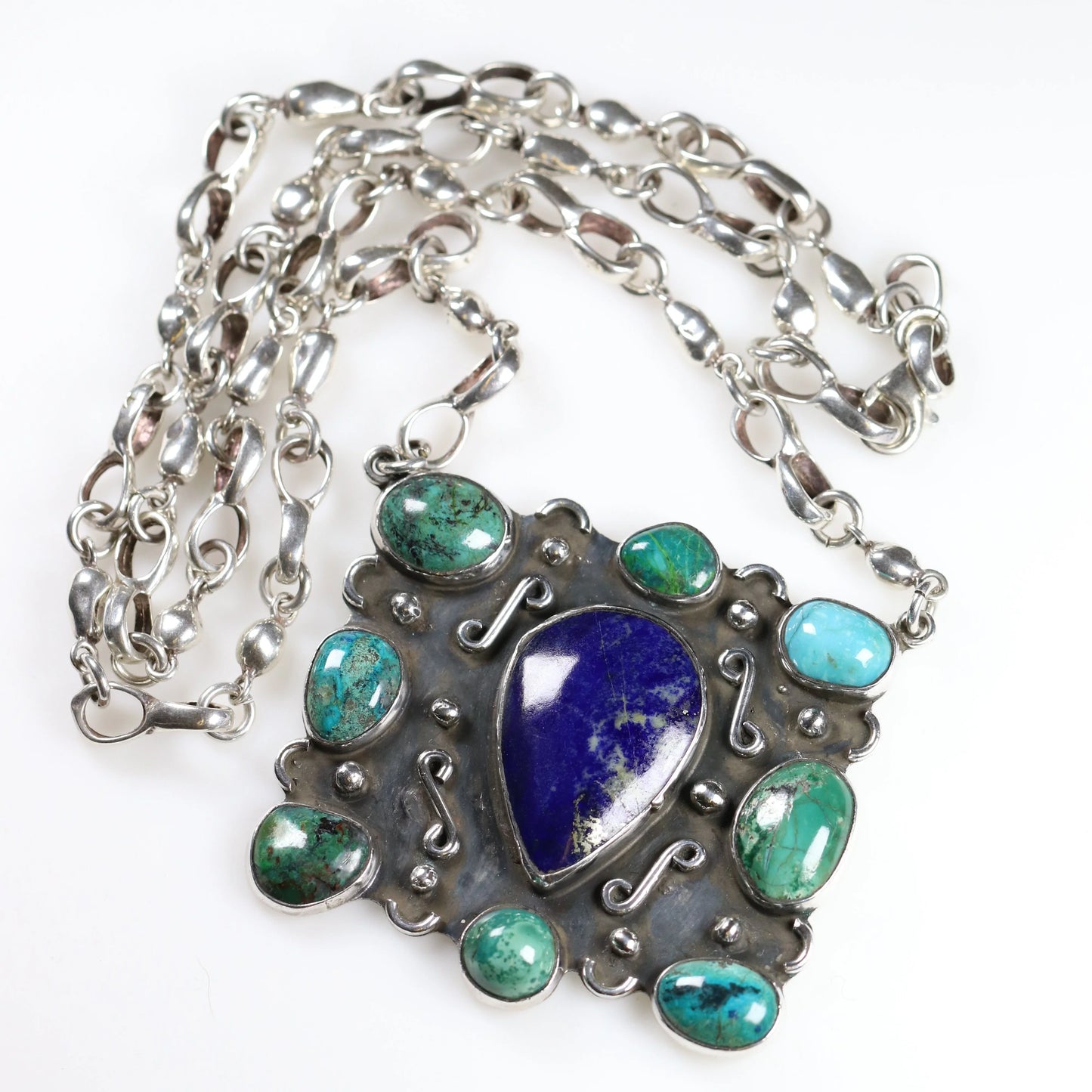 Vintage Handcrafted Silver Jewelry | Artisan Turquoise and Lapis Statement Necklace - Carmel Fine Silver Jewelry