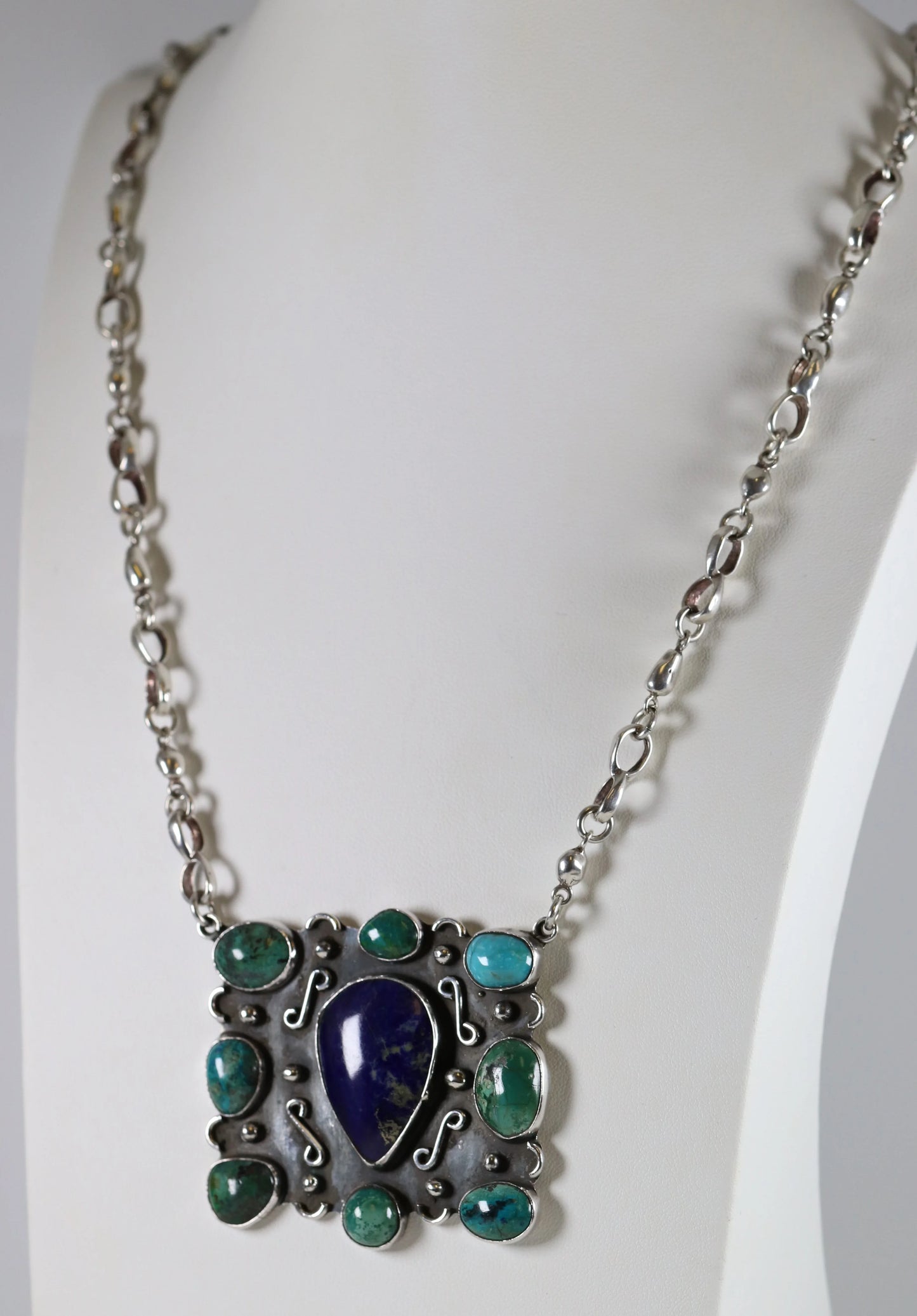 Vintage Handcrafted Silver Jewelry | Artisan Turquoise and Lapis Statement Necklace - Carmel Fine Silver Jewelry