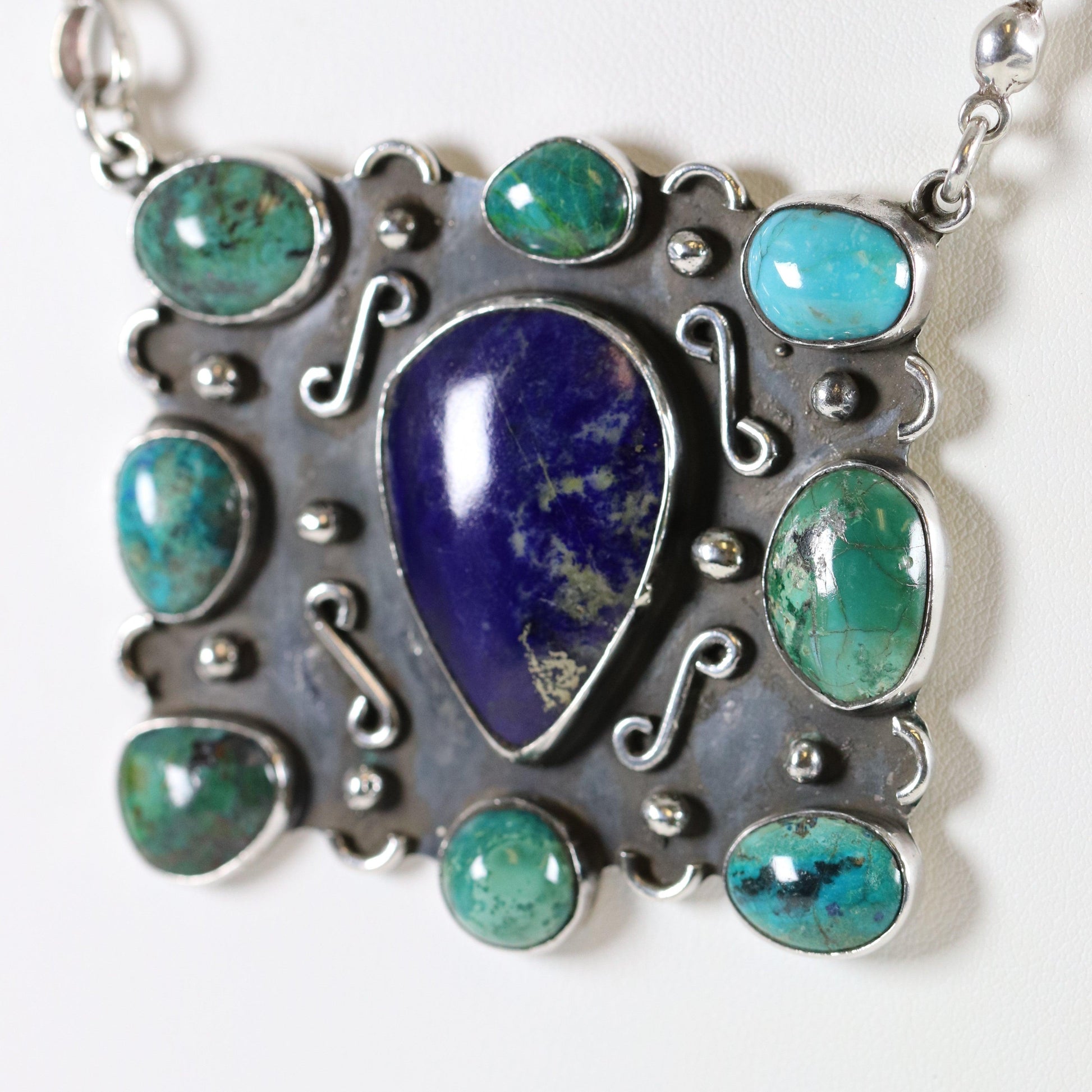 Vintage Handcrafted Silver Jewelry | Artisan Turquoise and Lapis Statement Necklace - Carmel Fine Silver Jewelry