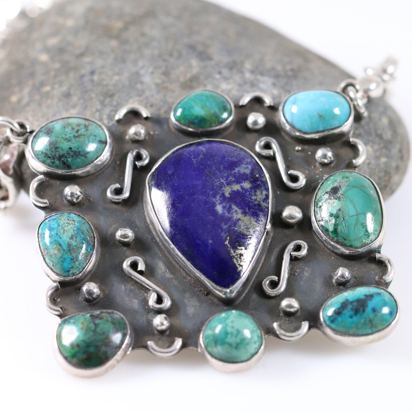 Vintage Handcrafted Silver Jewelry | Artisan Turquoise and Lapis Statement Necklace - Carmel Fine Silver Jewelry