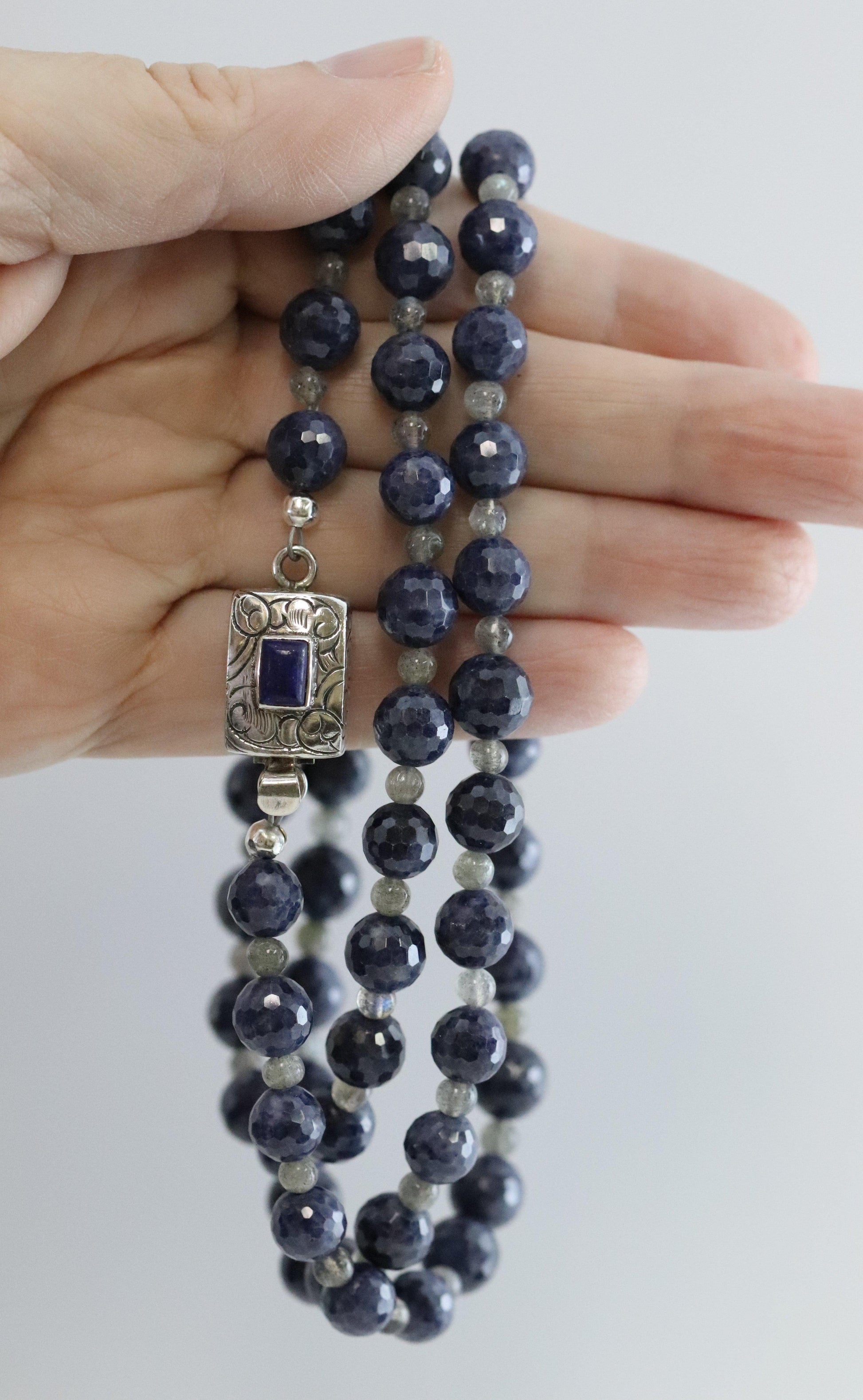 Vintage Handcrafted Silver Jewelry | Blue Cut Beaded Sapphire Necklace - Carmel Fine Silver Jewelry