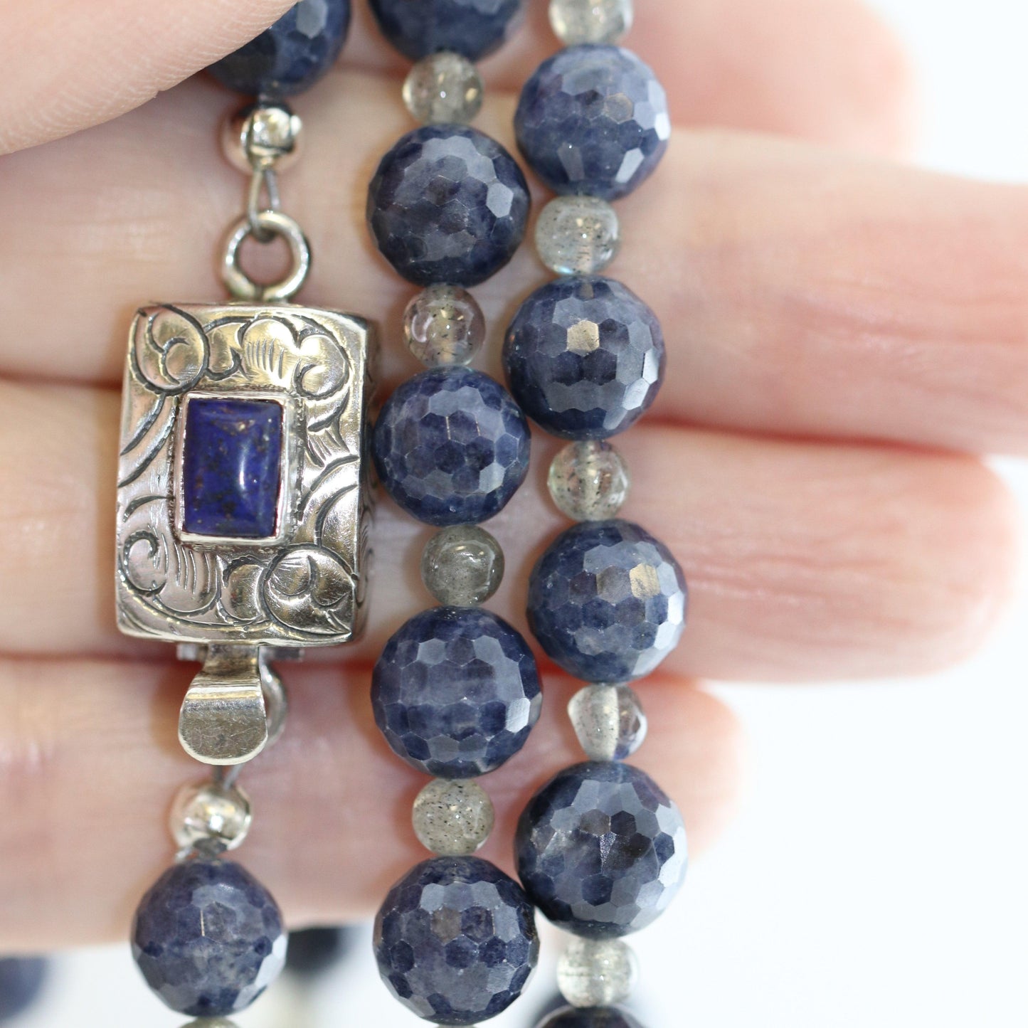 Vintage Handcrafted Silver Jewelry | Blue Cut Beaded Sapphire Necklace - Carmel Fine Silver Jewelry