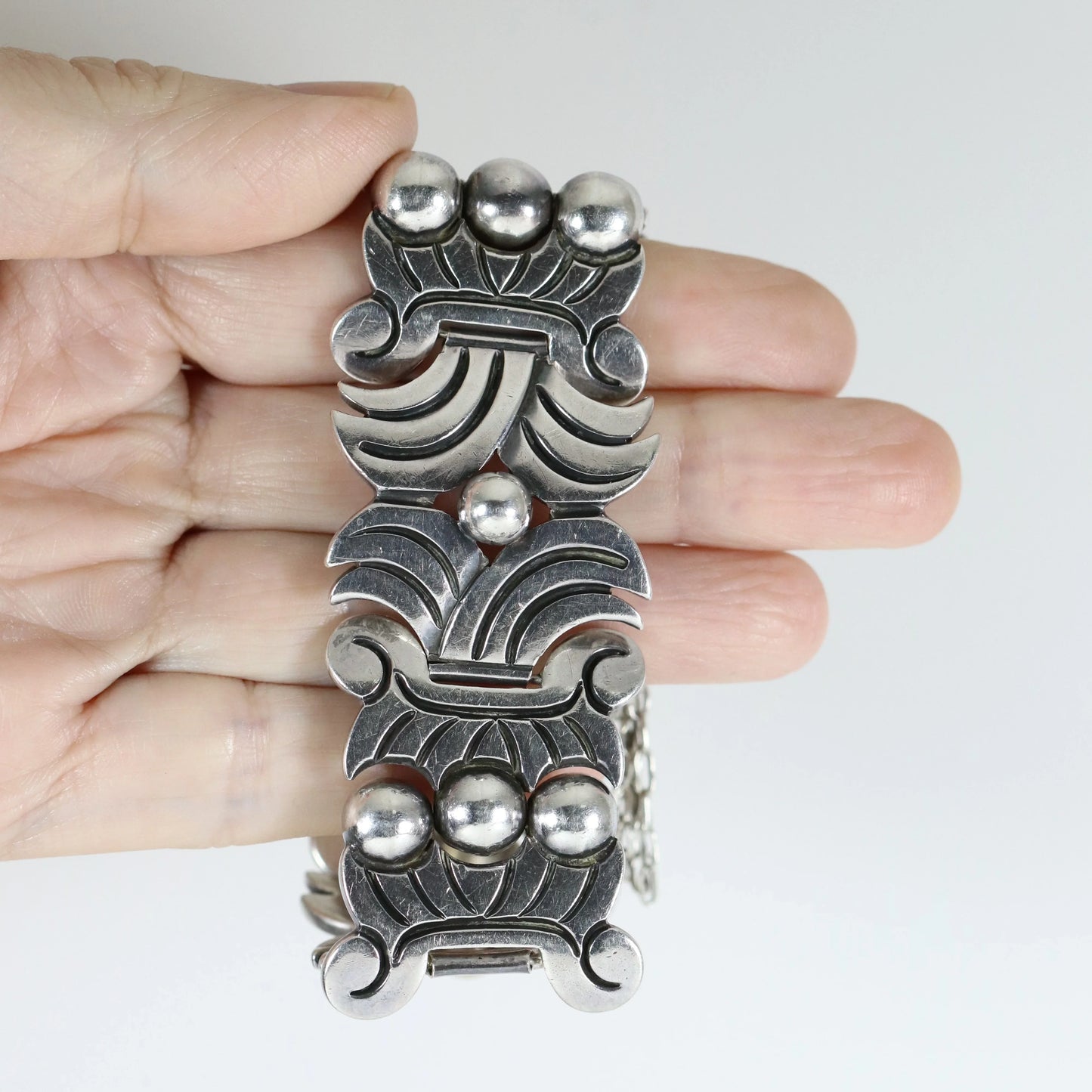 Vintage Hector Aguilar Jewelry | Aztec Panel Chunky Bracelet Taxco - Carmel Fine Silver Jewelry