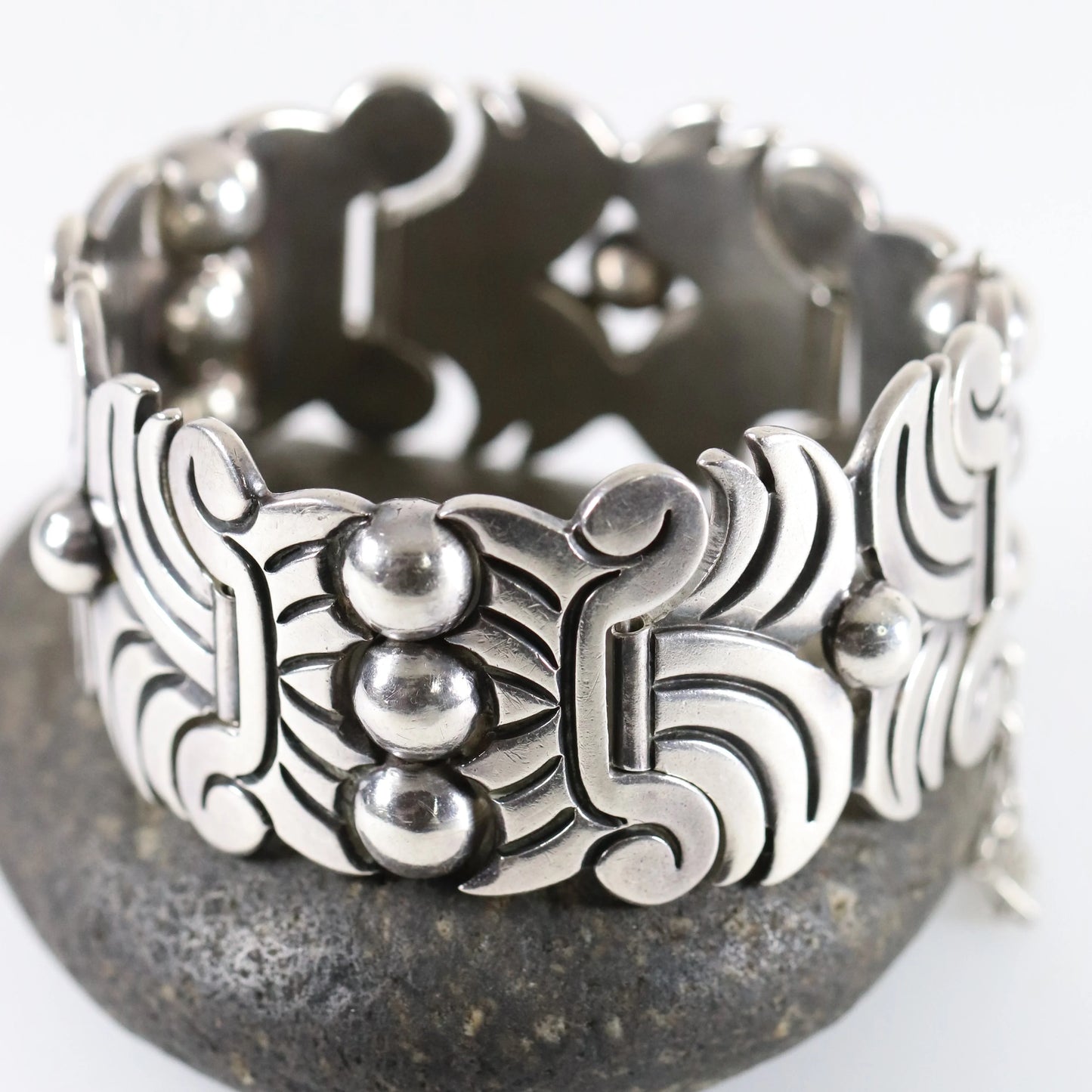 Vintage Hector Aguilar Jewelry | Aztec Panel Chunky Bracelet Taxco - Carmel Fine Silver Jewelry