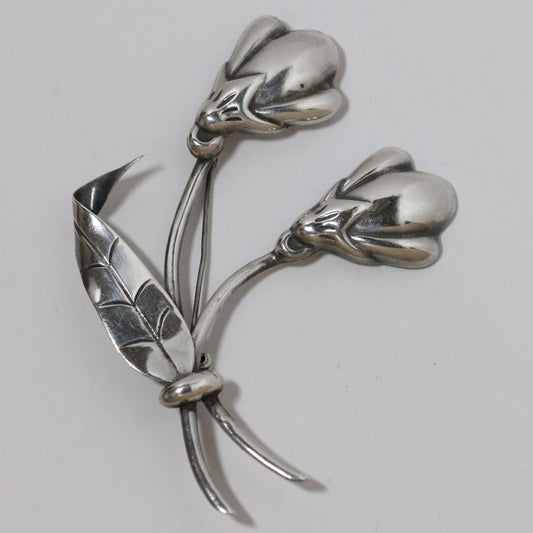 Vintage Hector Aguilar Jewelry | Double Flower Statement Brooch Taxco Mexico - Carmel Fine Silver Jewelry