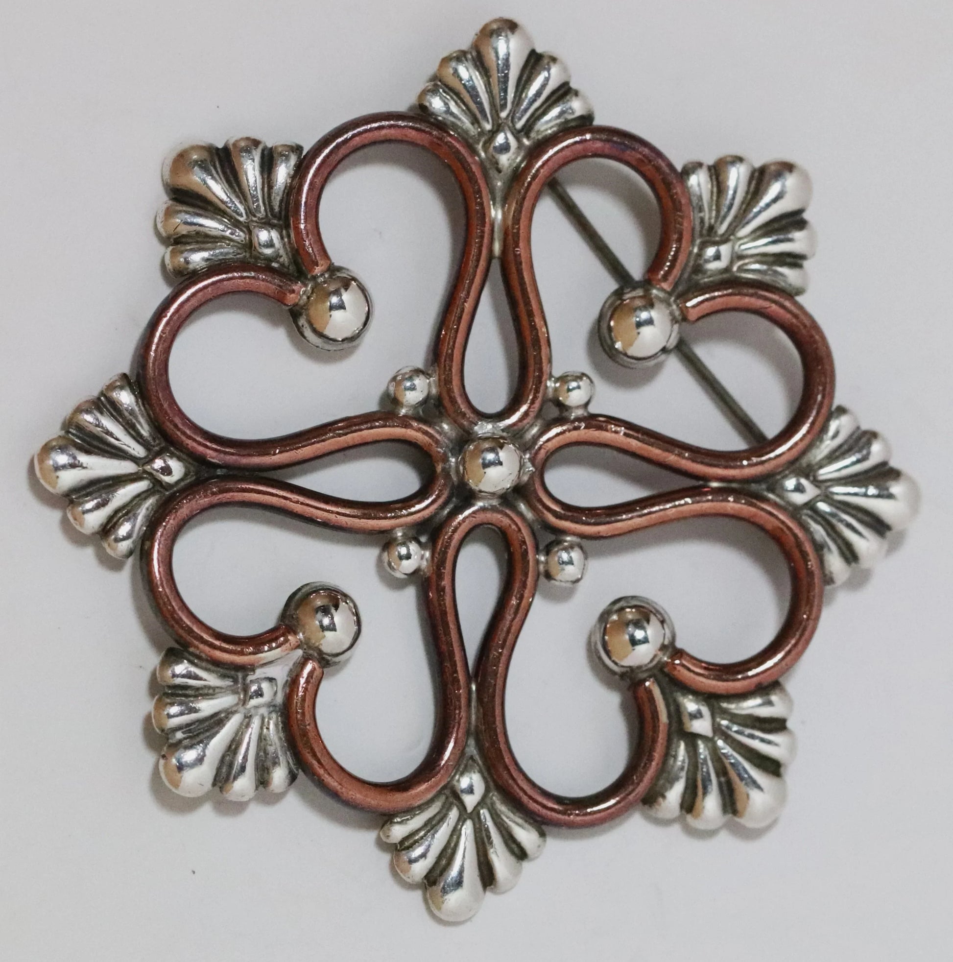 Vintage Hector Aguilar Jewelry | Sterling Silver and Copper Snowflake Brooch Taxco Mexico - Carmel Fine Silver Jewelry