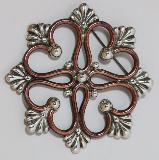 Vintage Hector Aguilar Jewelry | Sterling Silver and Copper Snowflake Brooch Taxco Mexico - Carmel Fine Silver Jewelry