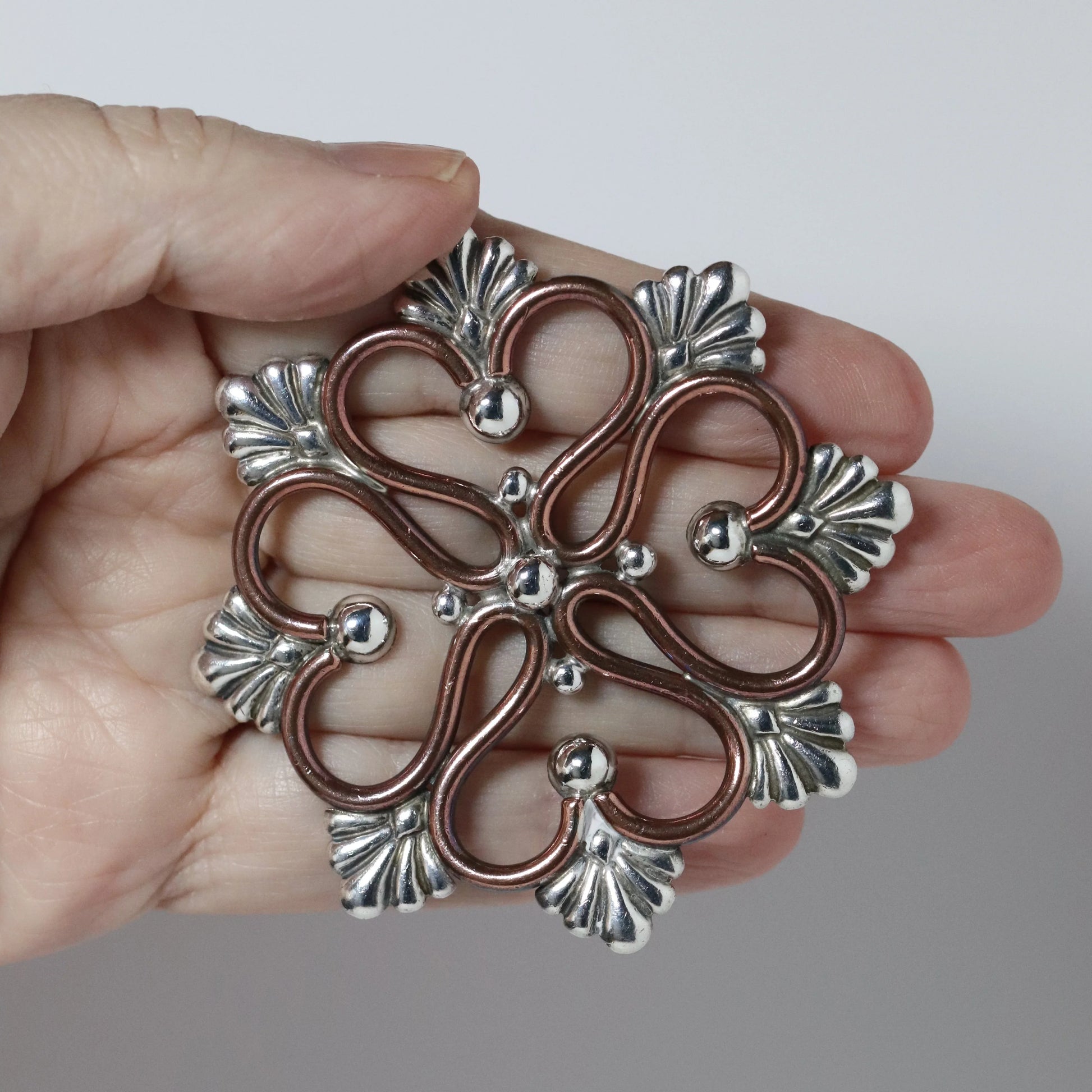 Vintage Hector Aguilar Jewelry | Sterling Silver and Copper Snowflake Brooch Taxco Mexico - Carmel Fine Silver Jewelry