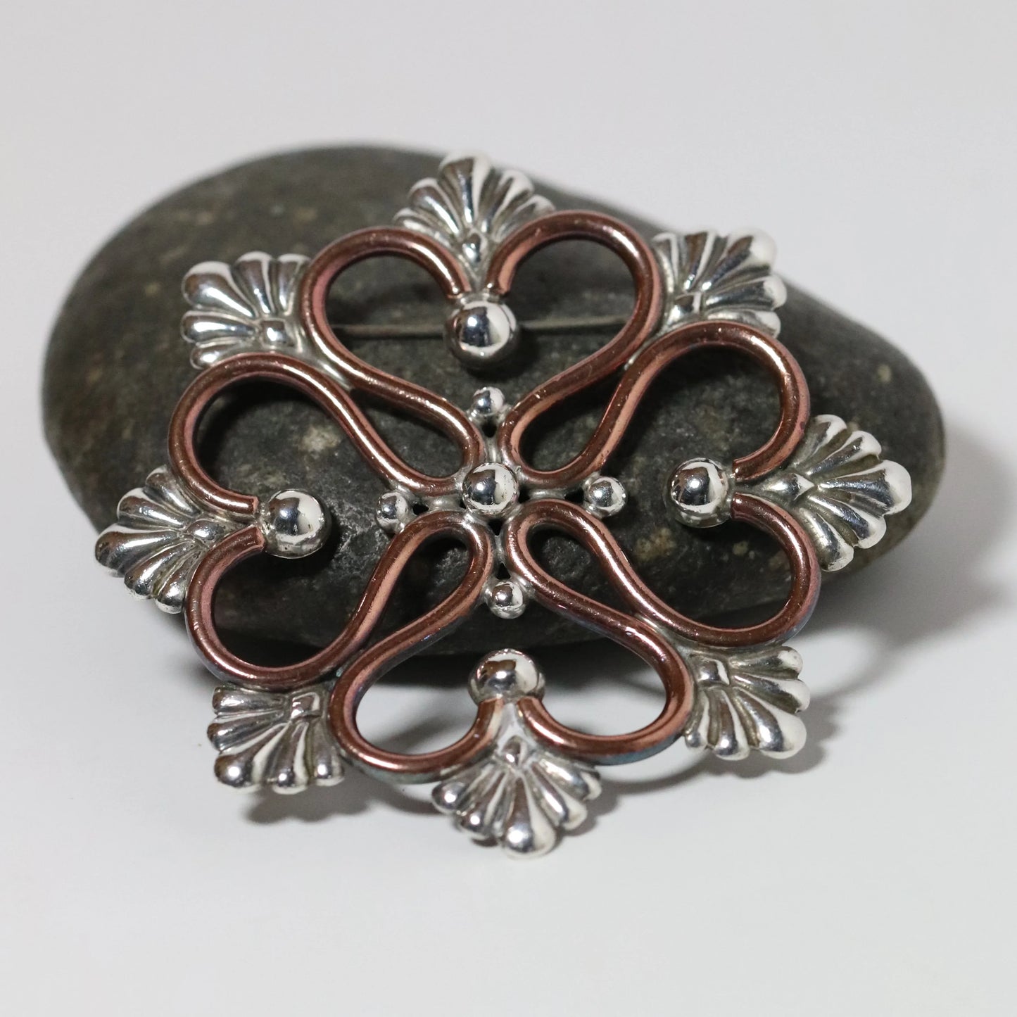 Vintage Hector Aguilar Jewelry | Sterling Silver and Copper Snowflake Brooch Taxco Mexico - Carmel Fine Silver Jewelry