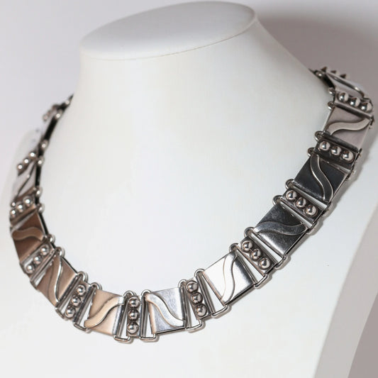 Vintage Hector Aguilar Taxco Jewelry | Bead and Swoosh Panel Link Necklace - Carmel Fine Silver Jewelry