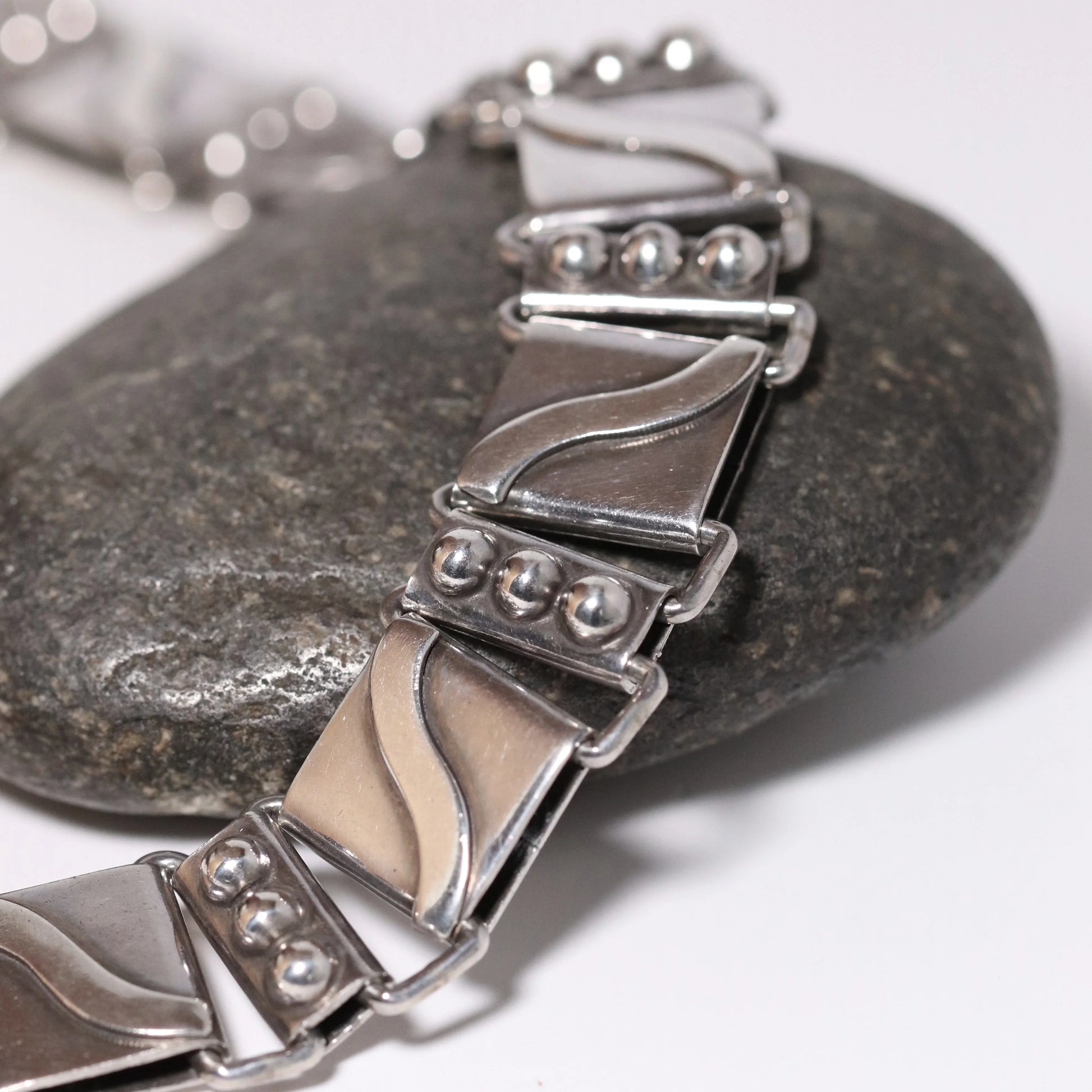Vintage Hector Aguilar Taxco Jewelry | Bead and Swoosh Panel Link Necklace - Carmel Fine Silver Jewelry