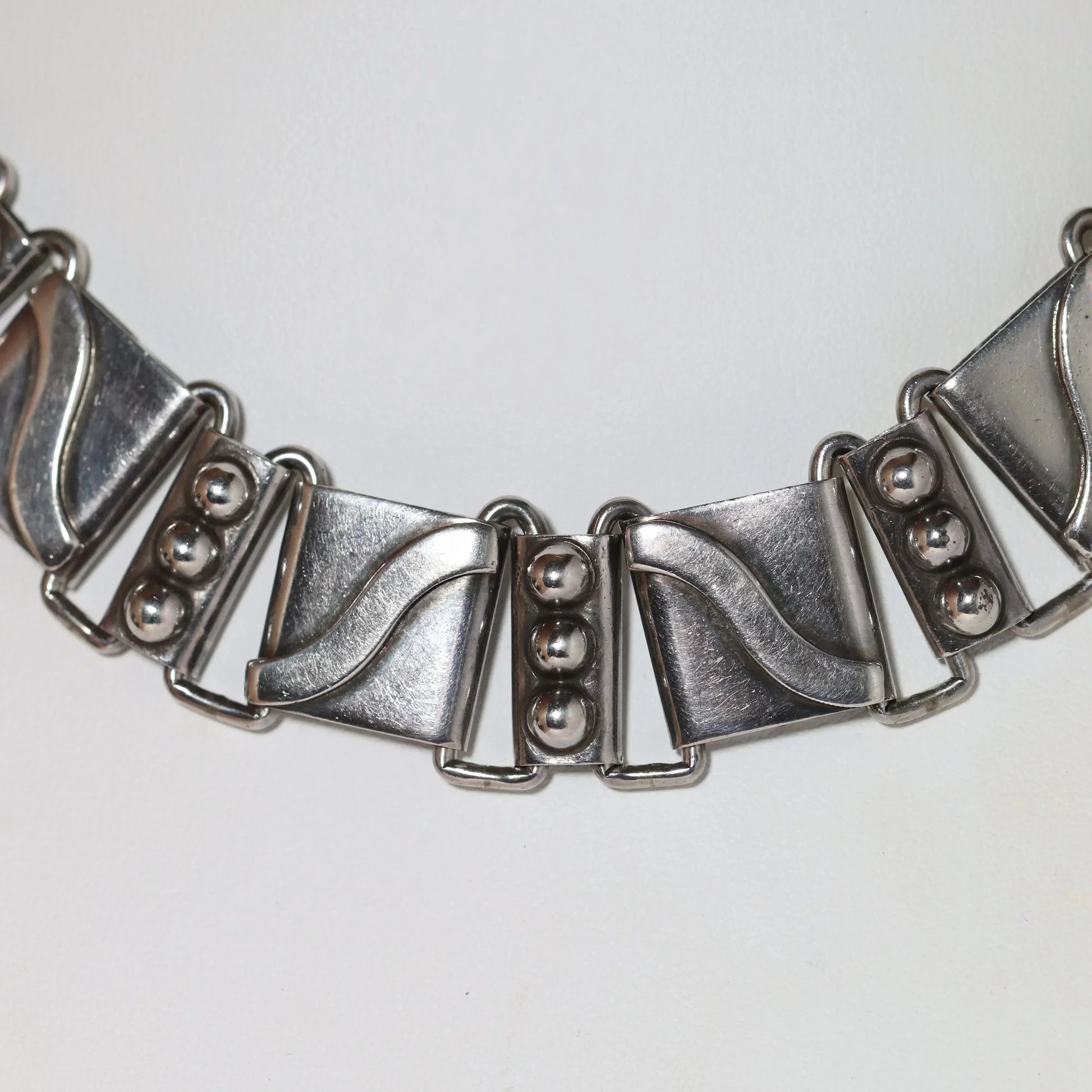 Vintage Hector Aguilar Taxco Jewelry | Bead and Swoosh Panel Link Necklace - Carmel Fine Silver Jewelry