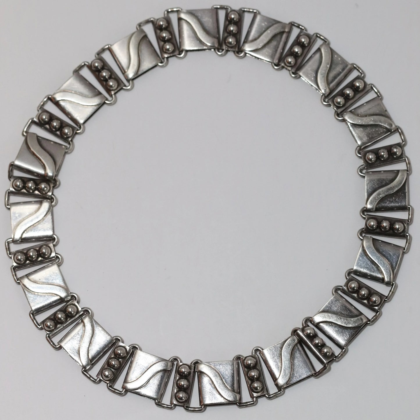 Vintage Hector Aguilar Taxco Jewelry | Bead and Swoosh Panel Link Necklace - Carmel Fine Silver Jewelry