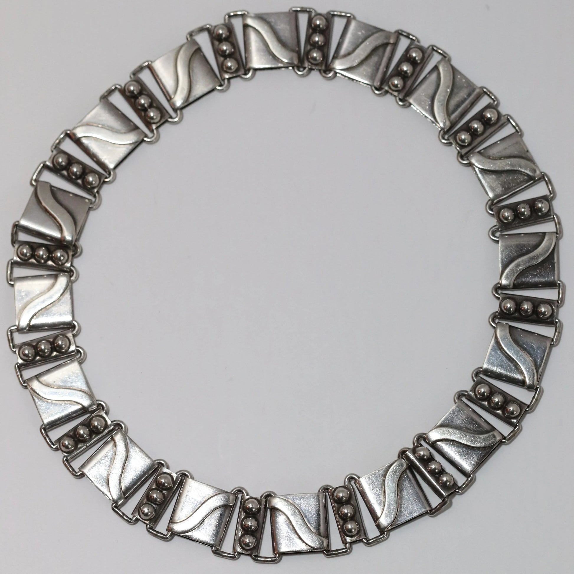 Vintage Hector Aguilar Taxco Jewelry | Bead and Swoosh Panel Link Necklace - Carmel Fine Silver Jewelry