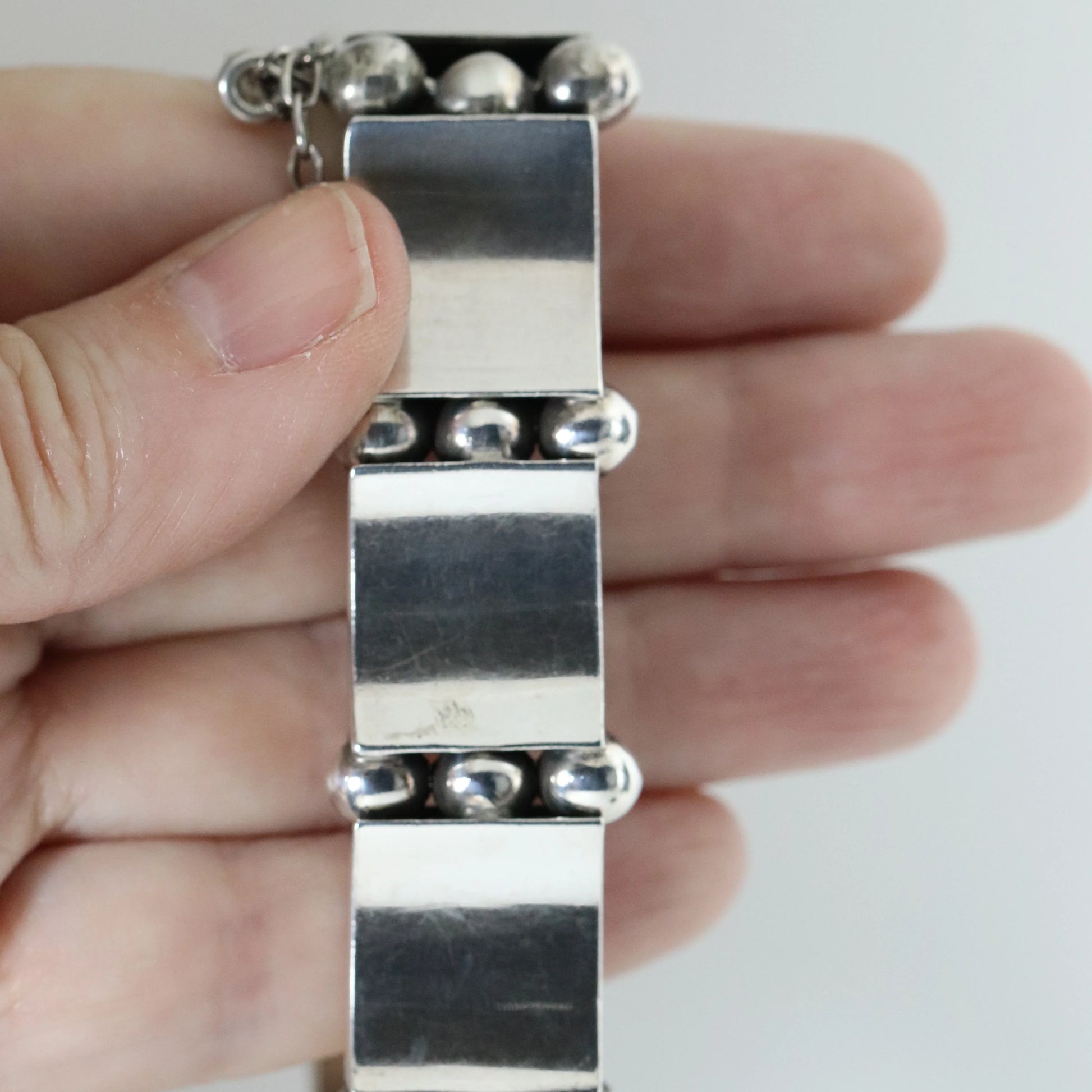 Vintage Hector Aguilar Taxco Jewelry | Concave Panel and Ball Handcrafted Bracelet Mexico - Carmel Fine Silver Jewelry