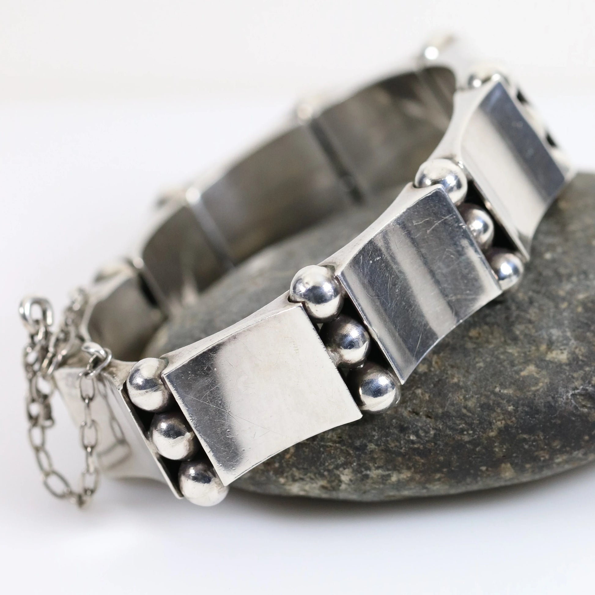Vintage Hector Aguilar Taxco Jewelry | Concave Panel and Ball Handcrafted Bracelet Mexico - Carmel Fine Silver Jewelry