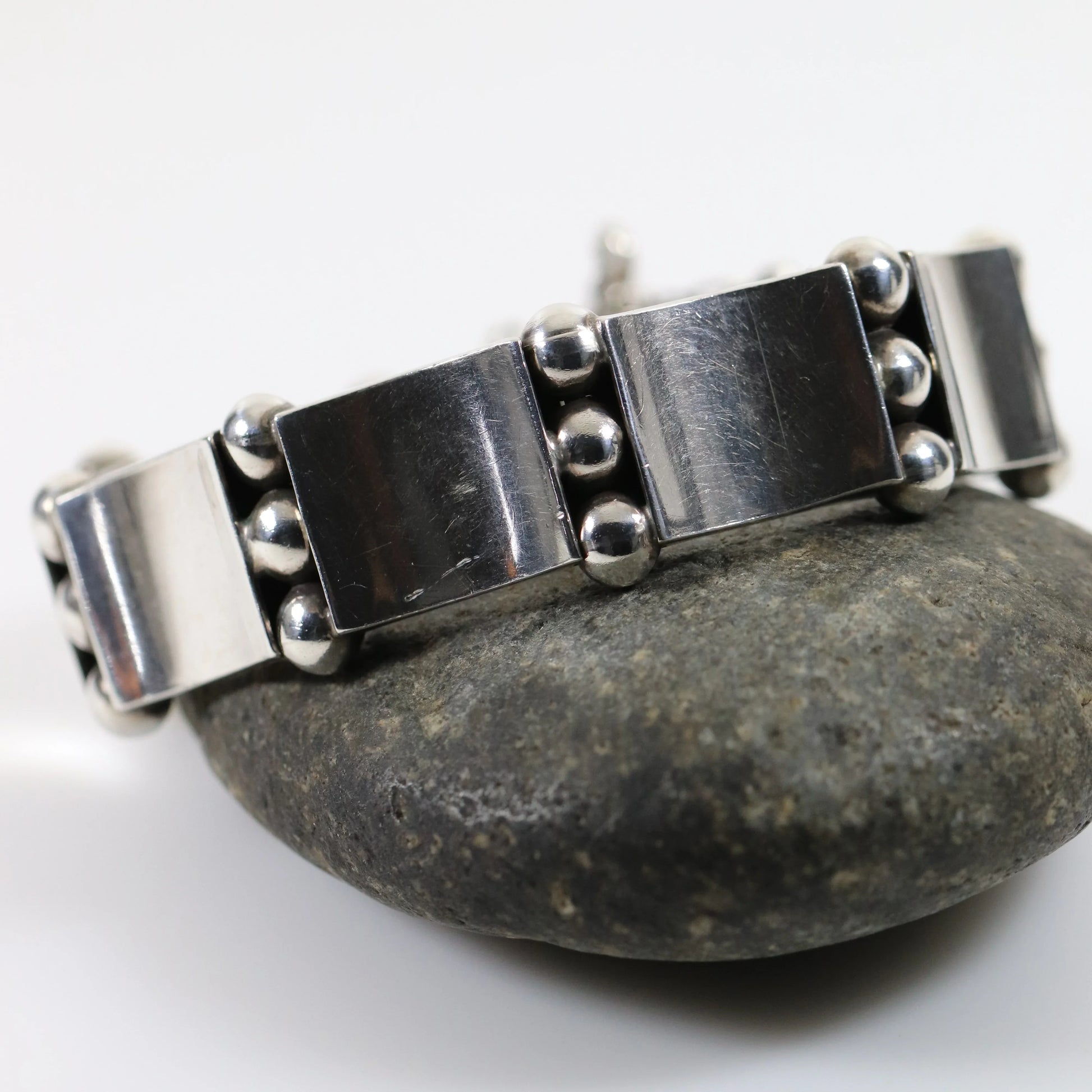 Vintage Hector Aguilar Taxco Jewelry | Concave Panel and Ball Handcrafted Bracelet Mexico - Carmel Fine Silver Jewelry