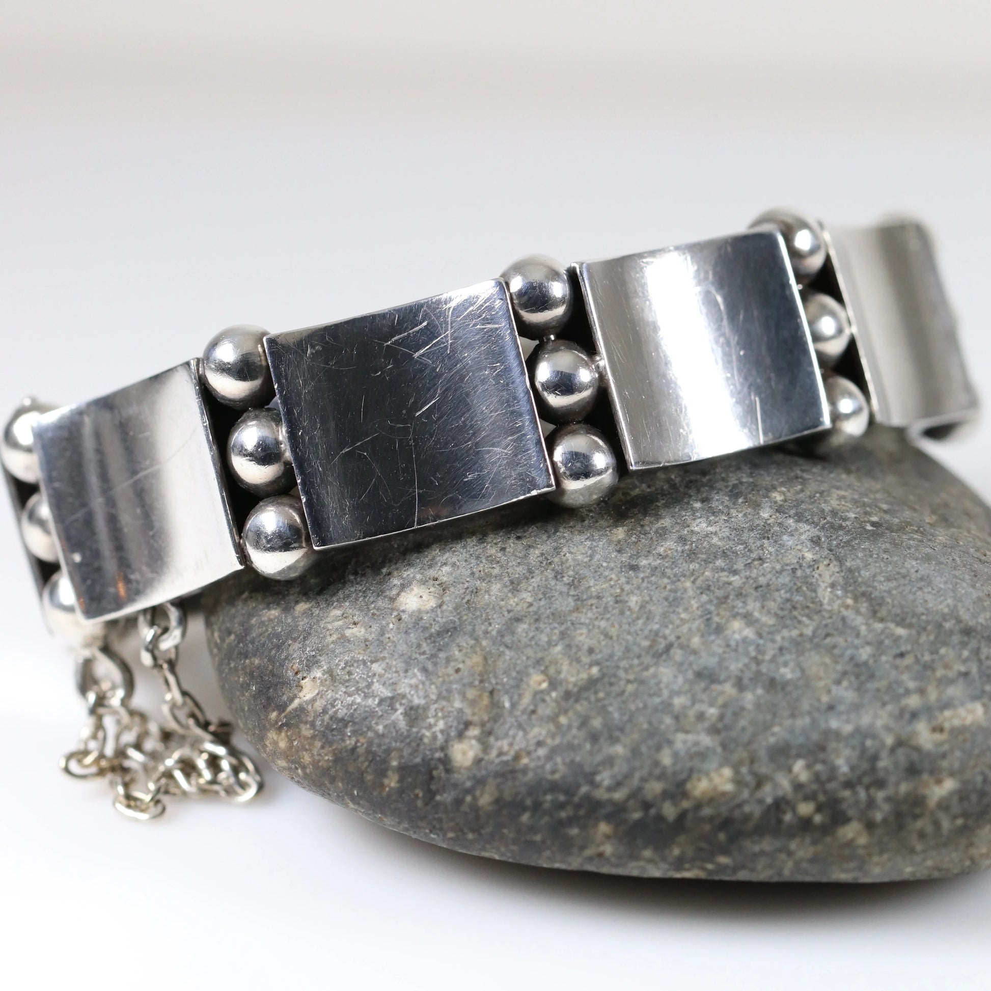 Vintage Hector Aguilar Taxco Silver Mexican Jewelry | Curved Panel Modernist Bracelet - Carmel Fine Silver Jewelry