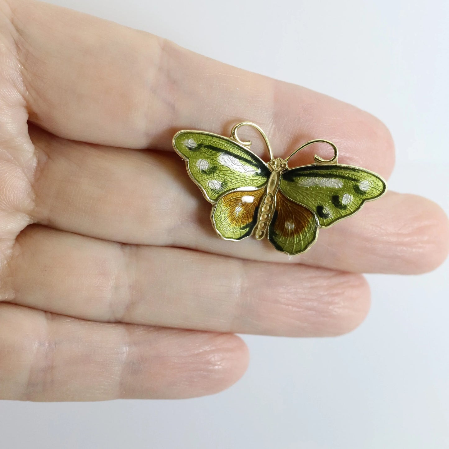 Vintage Hroar Prydz Enamel Jewelry | Petite Green Enamel Butterfly Brooch - Carmel Fine Silver Jewelry