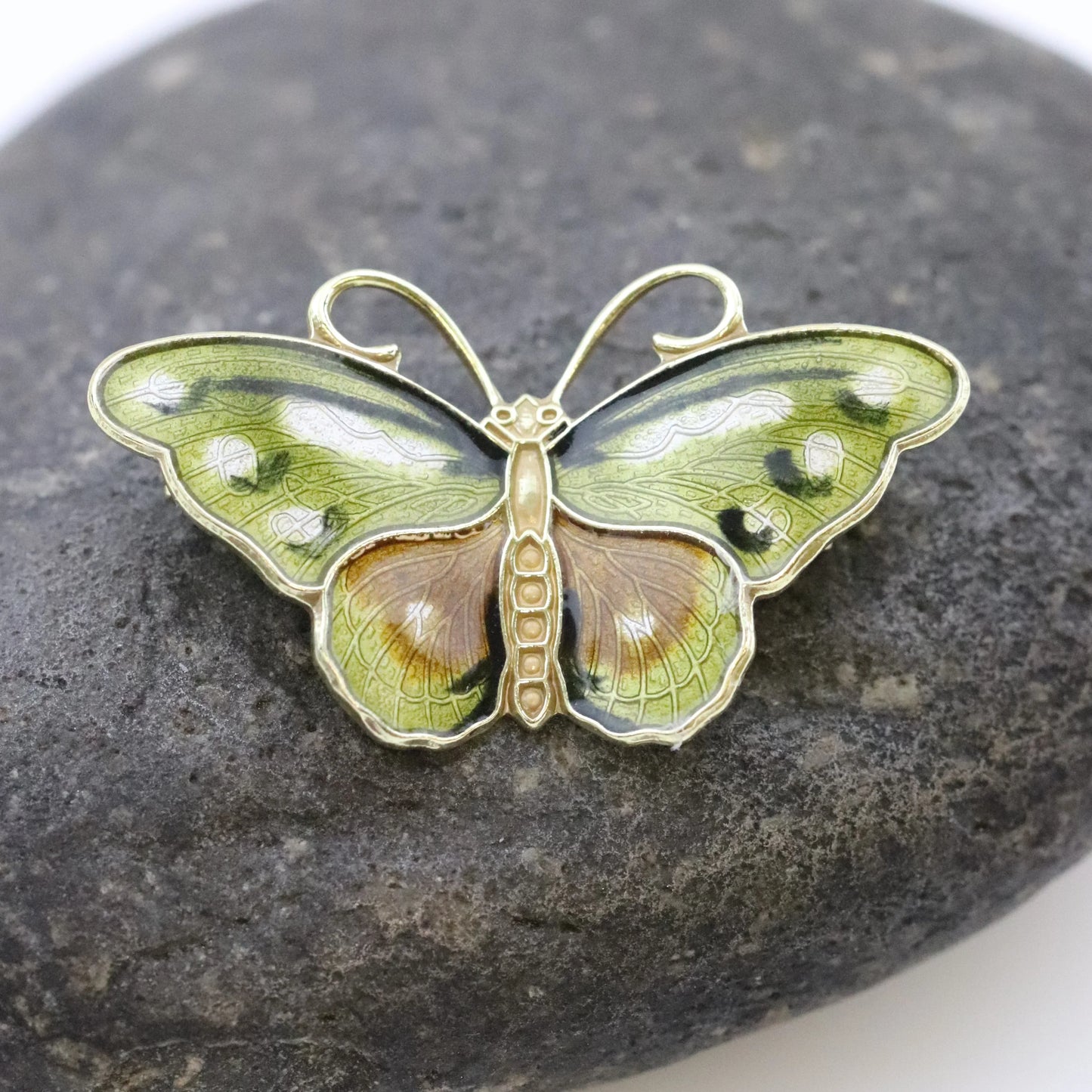 Vintage Hroar Prydz Enamel Jewelry | Petite Green Enamel Butterfly Brooch - Carmel Fine Silver Jewelry