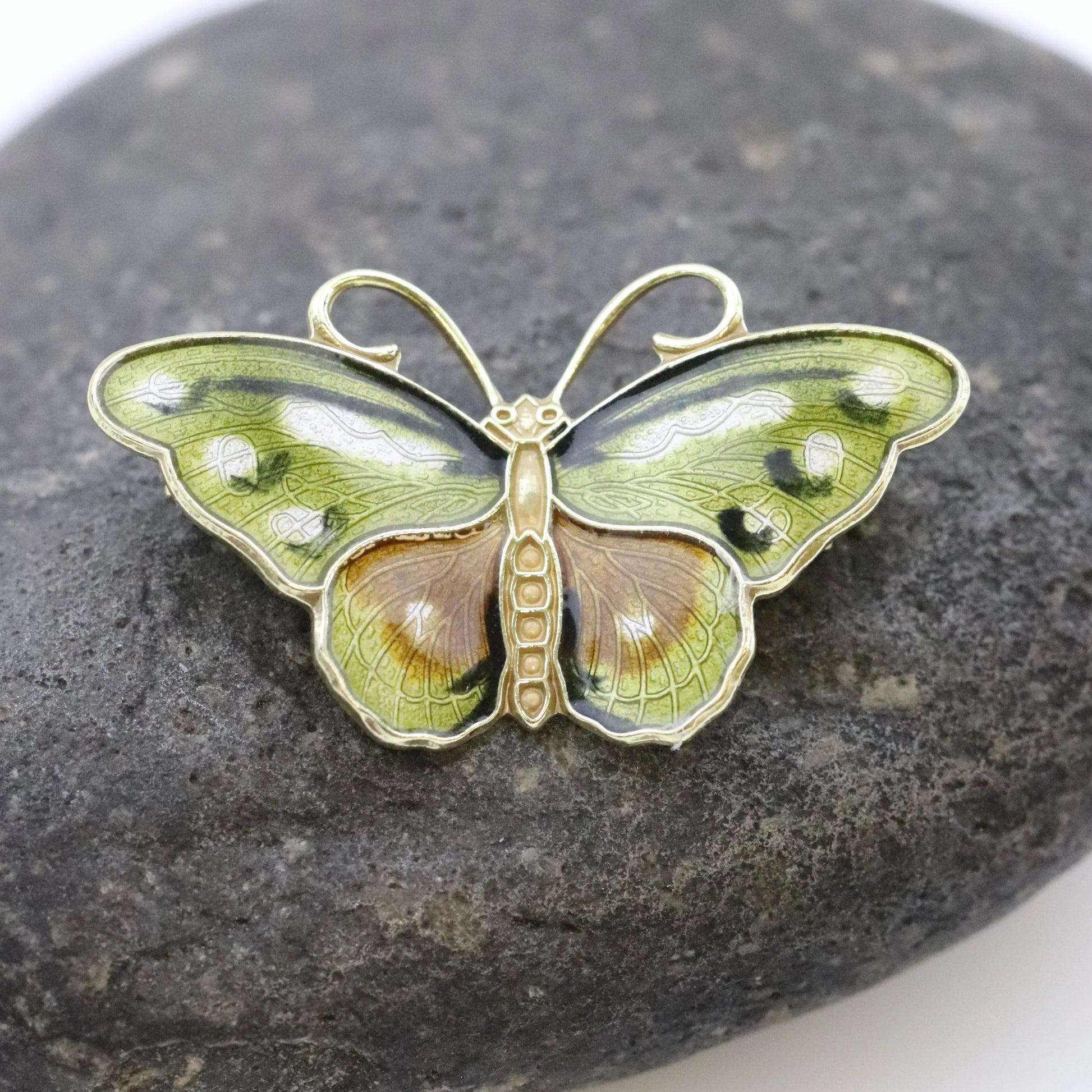 Vintage Hroar Prydz Enamel Jewelry | Petite Green Enamel Butterfly Brooch - Carmel Fine Silver Jewelry