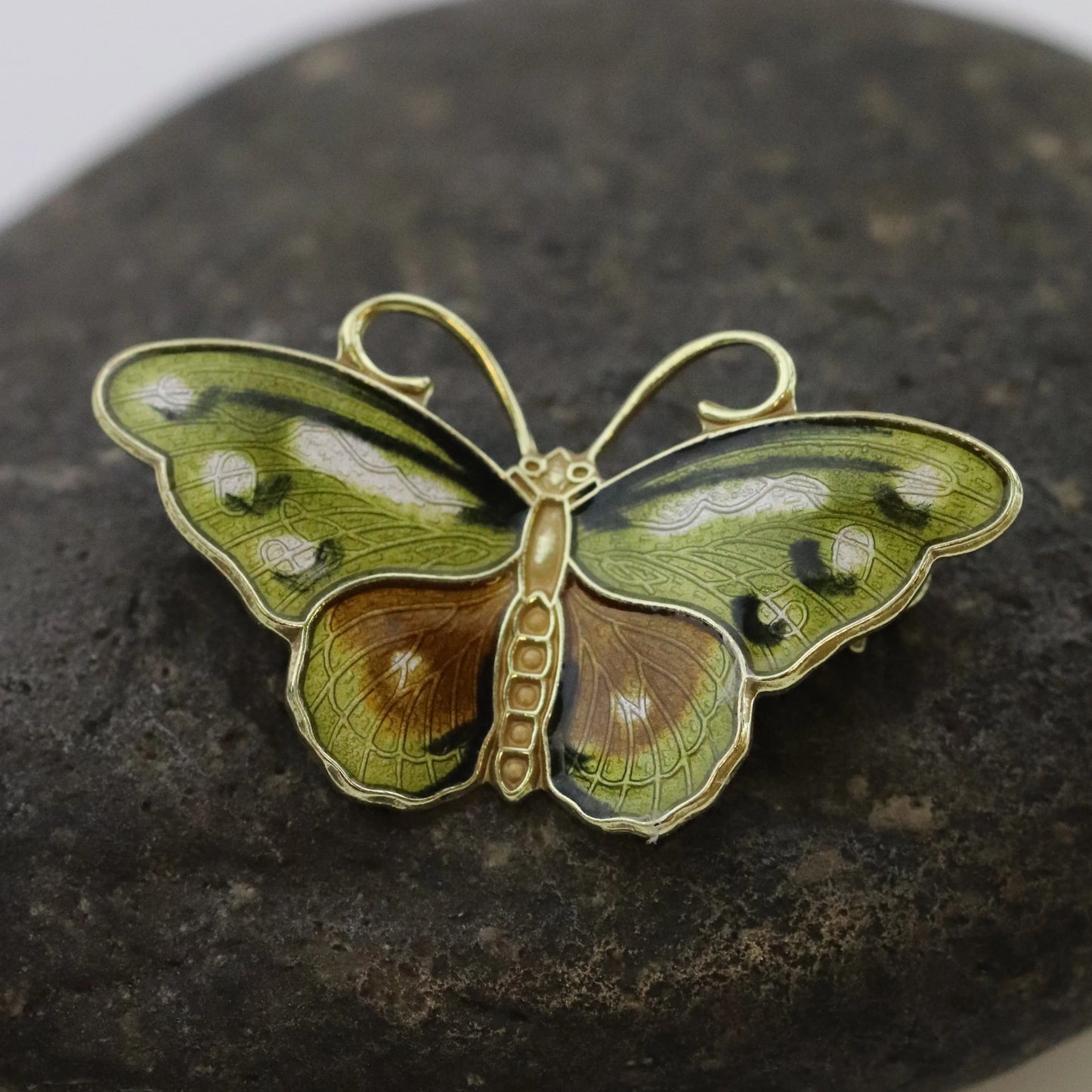 Vintage Hroar Prydz Enamel Jewelry | Petite Green Enamel Butterfly Brooch - Carmel Fine Silver Jewelry