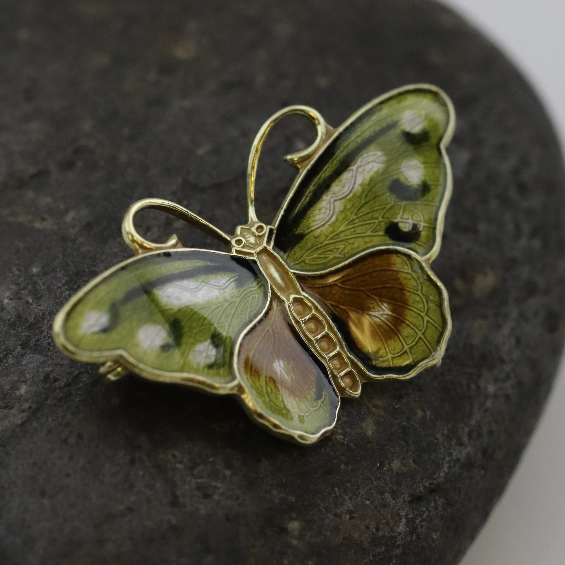 Vintage Hroar Prydz Enamel Jewelry | Petite Green Enamel Butterfly Brooch - Carmel Fine Silver Jewelry