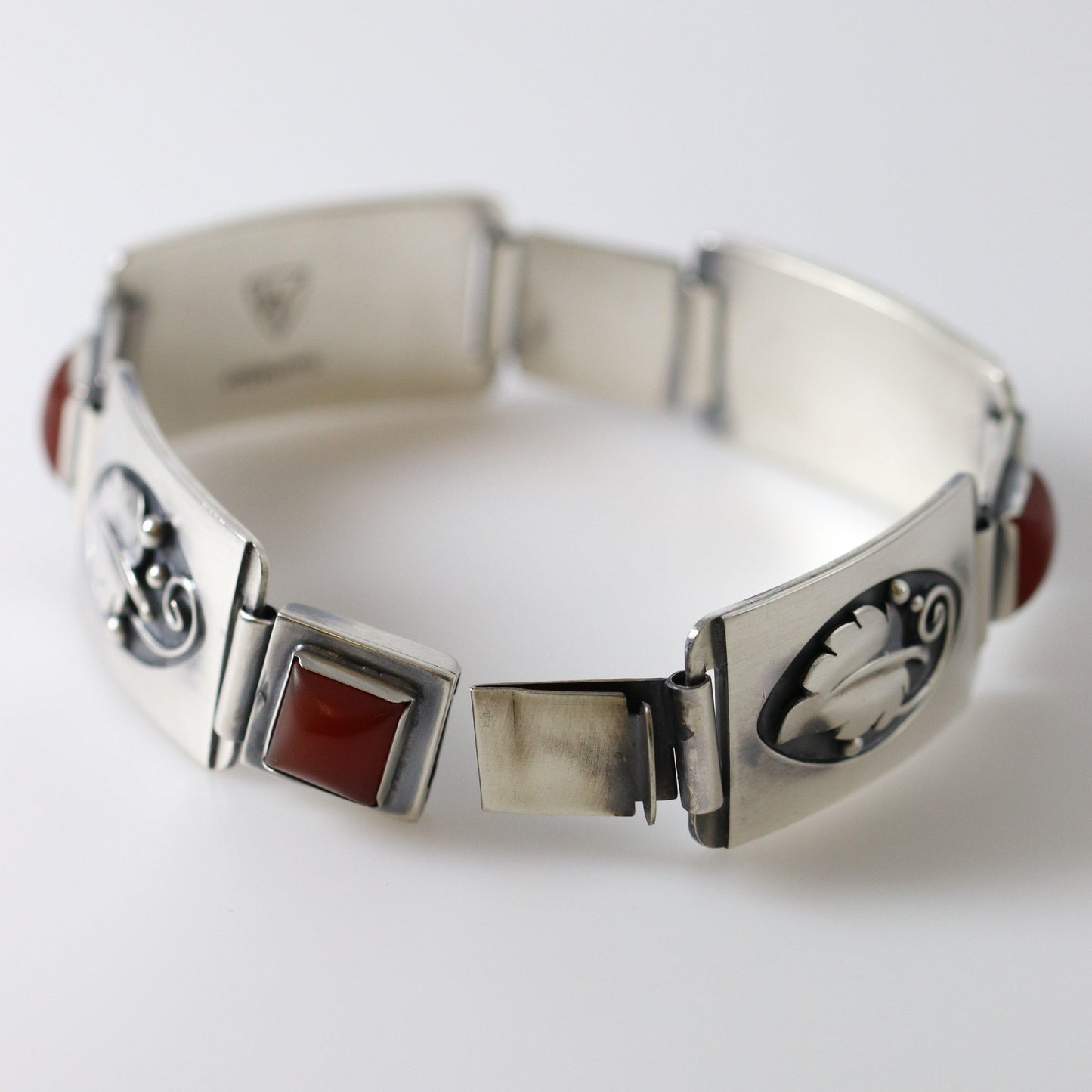 Vintage Lawrence Foss Silver Jewelry | Carnelian and Foliate Panel Bracelet - Carmel Fine Silver Jewelry
