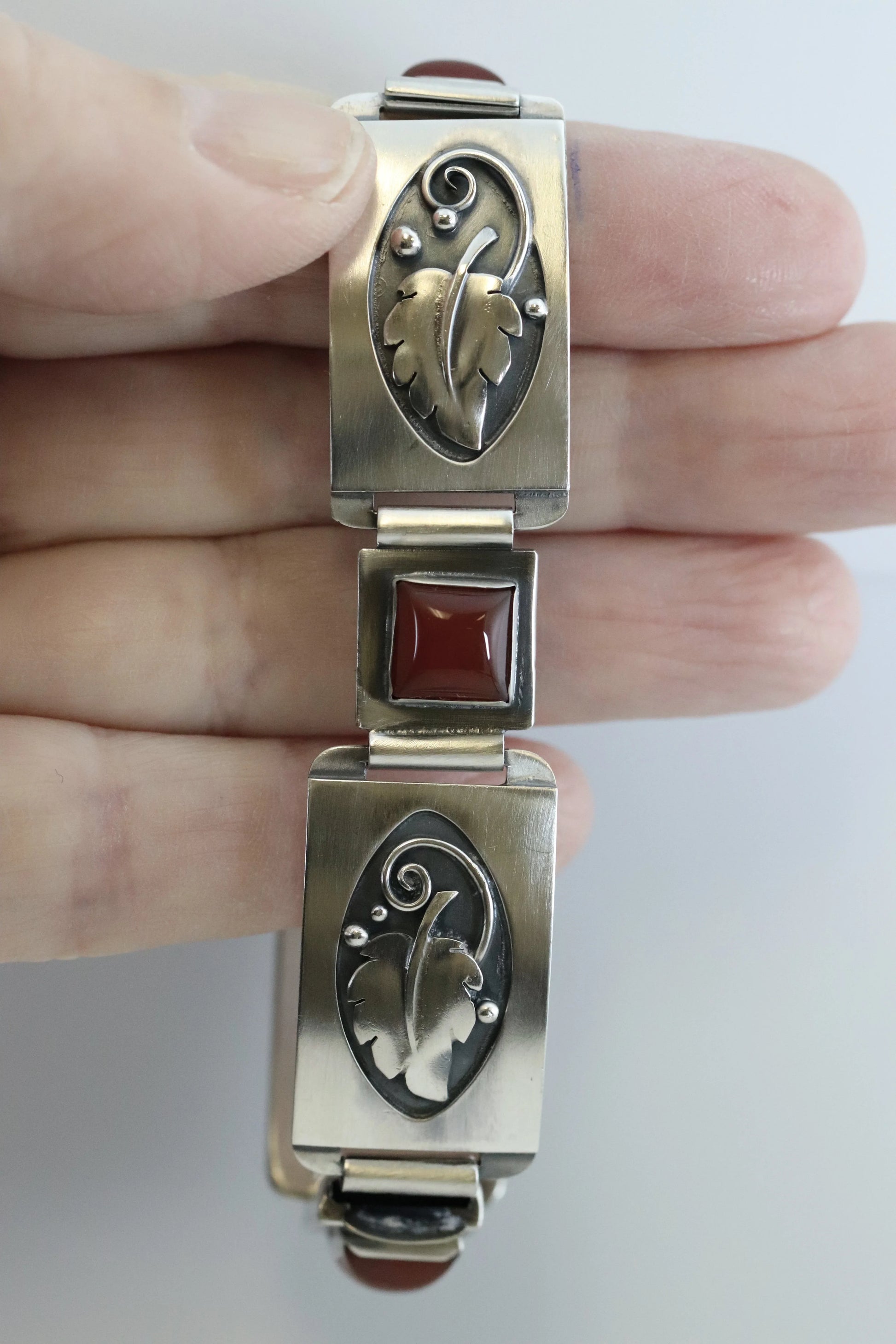 Vintage Lawrence Foss Silver Jewelry | Foliate and Carnelian Bracelet - Carmel Fine Silver Jewelry