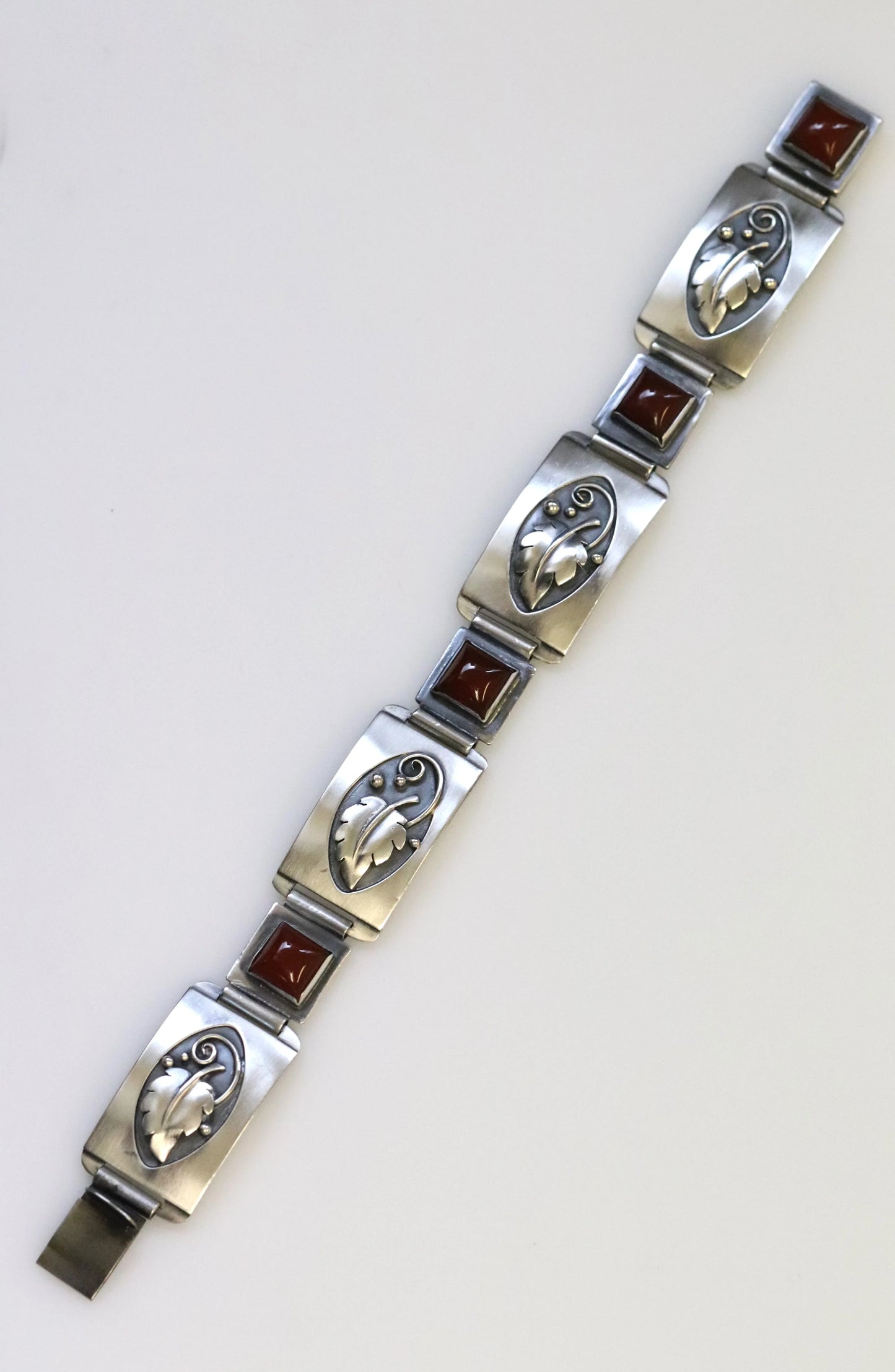 Vintage Lawrence Foss Silver Jewelry | Foliate and Carnelian Bracelet - Carmel Fine Silver Jewelry