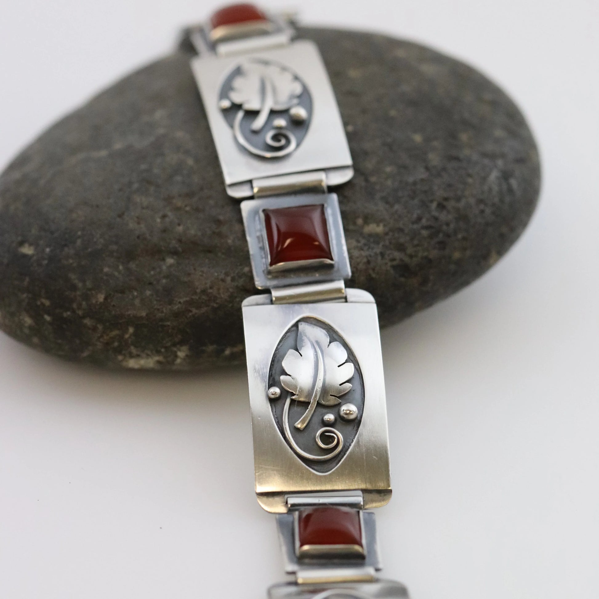 Vintage Lawrence Foss Silver Jewelry | Foliate and Carnelian Bracelet - Carmel Fine Silver Jewelry